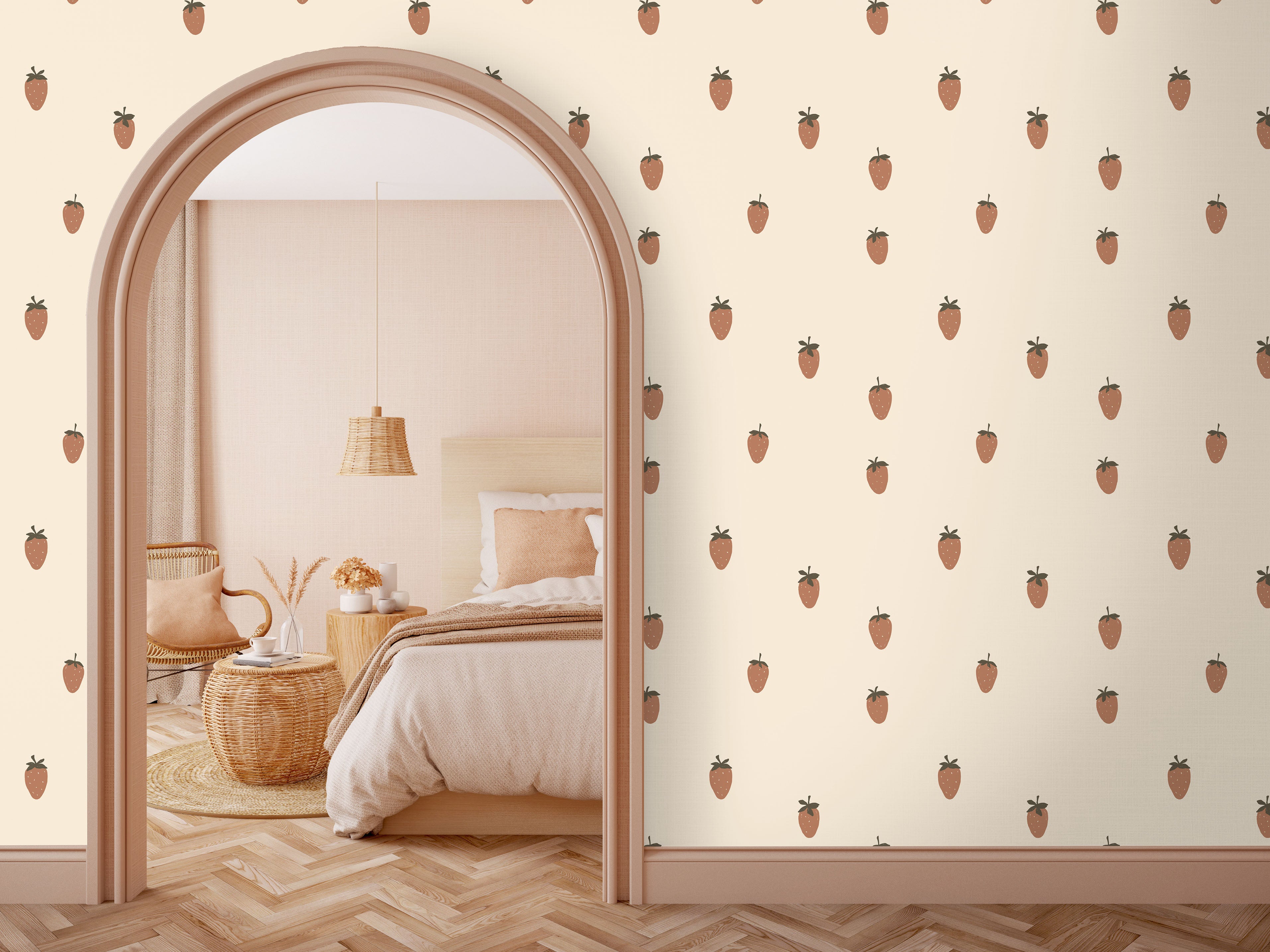 Strawberry wallpaper installed on an arched doorway and soft neutral bedding