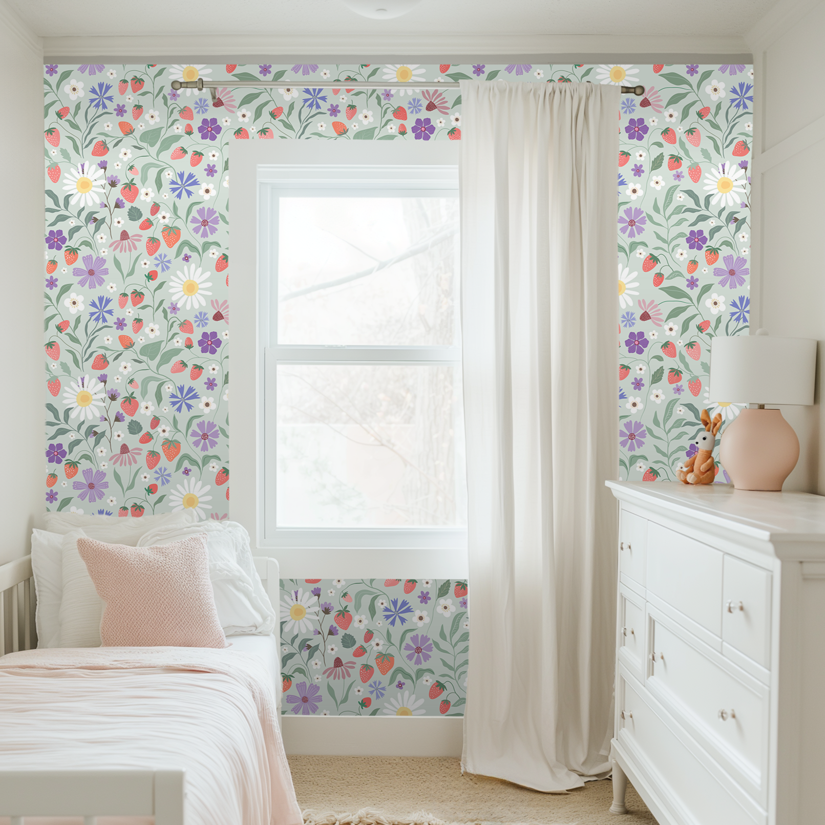 Strawberry flower nursery wallpaper installed around window with daisies strawberries and botanical garden pattern