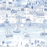 Sample sheet of Sunlit Waterways wallpaper showing detailed seaside houses and boats in pale blue tones