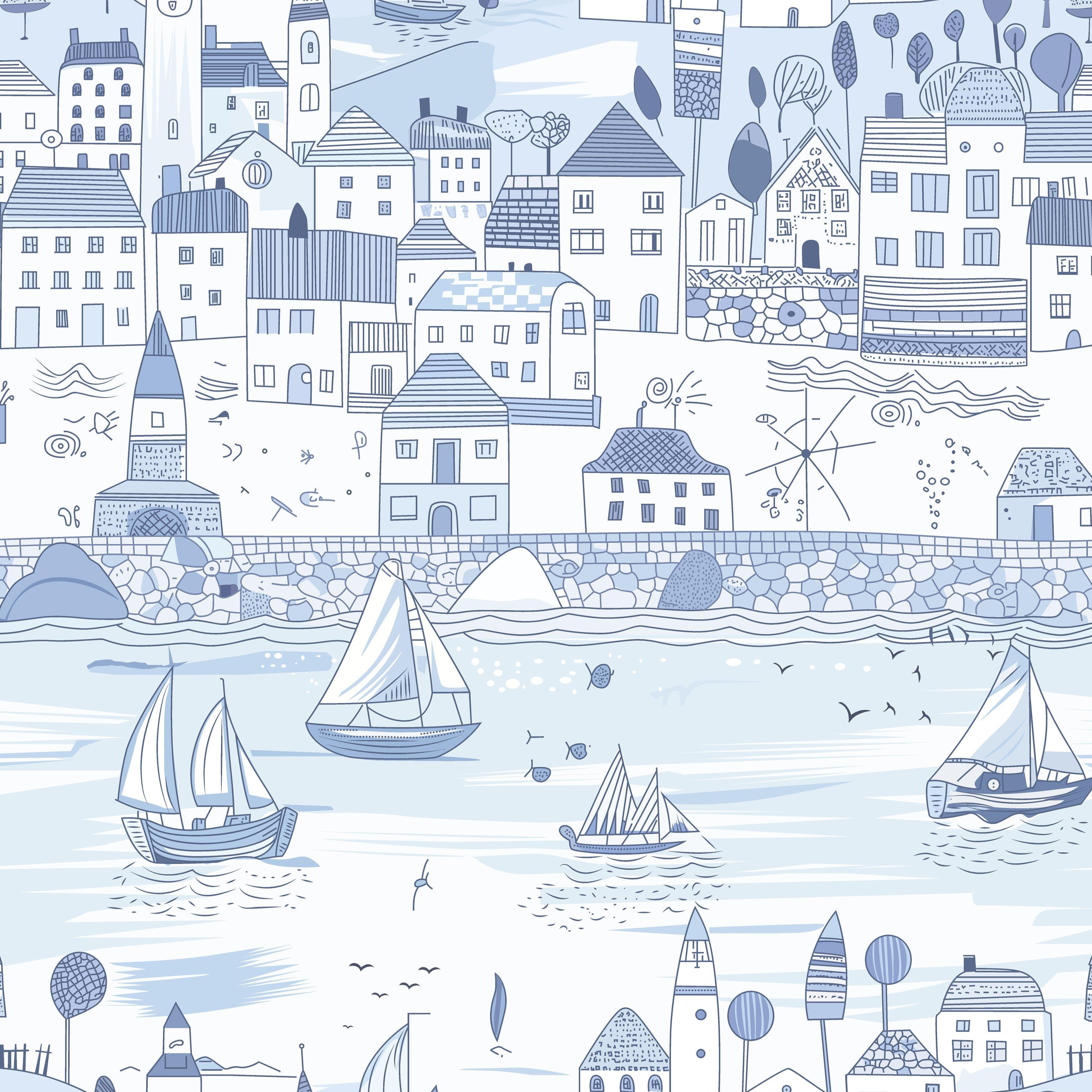 Sample sheet of Sunlit Waterways wallpaper showing detailed seaside houses and boats in pale blue tones