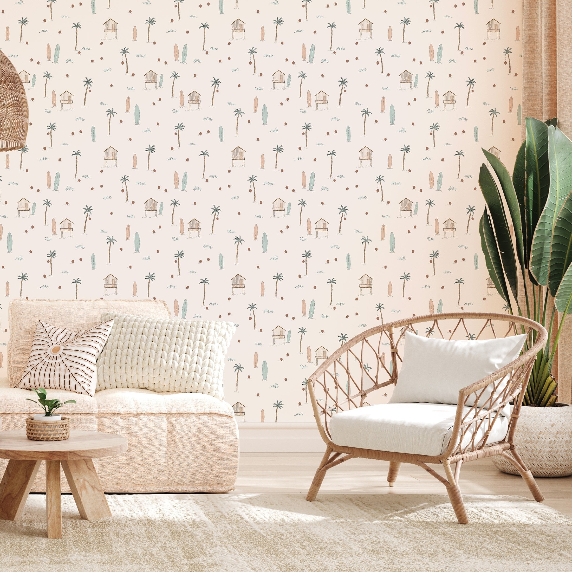 Neutral coastal wallpaper accent wall with surfboard and palm tree print in boho beach inspired space