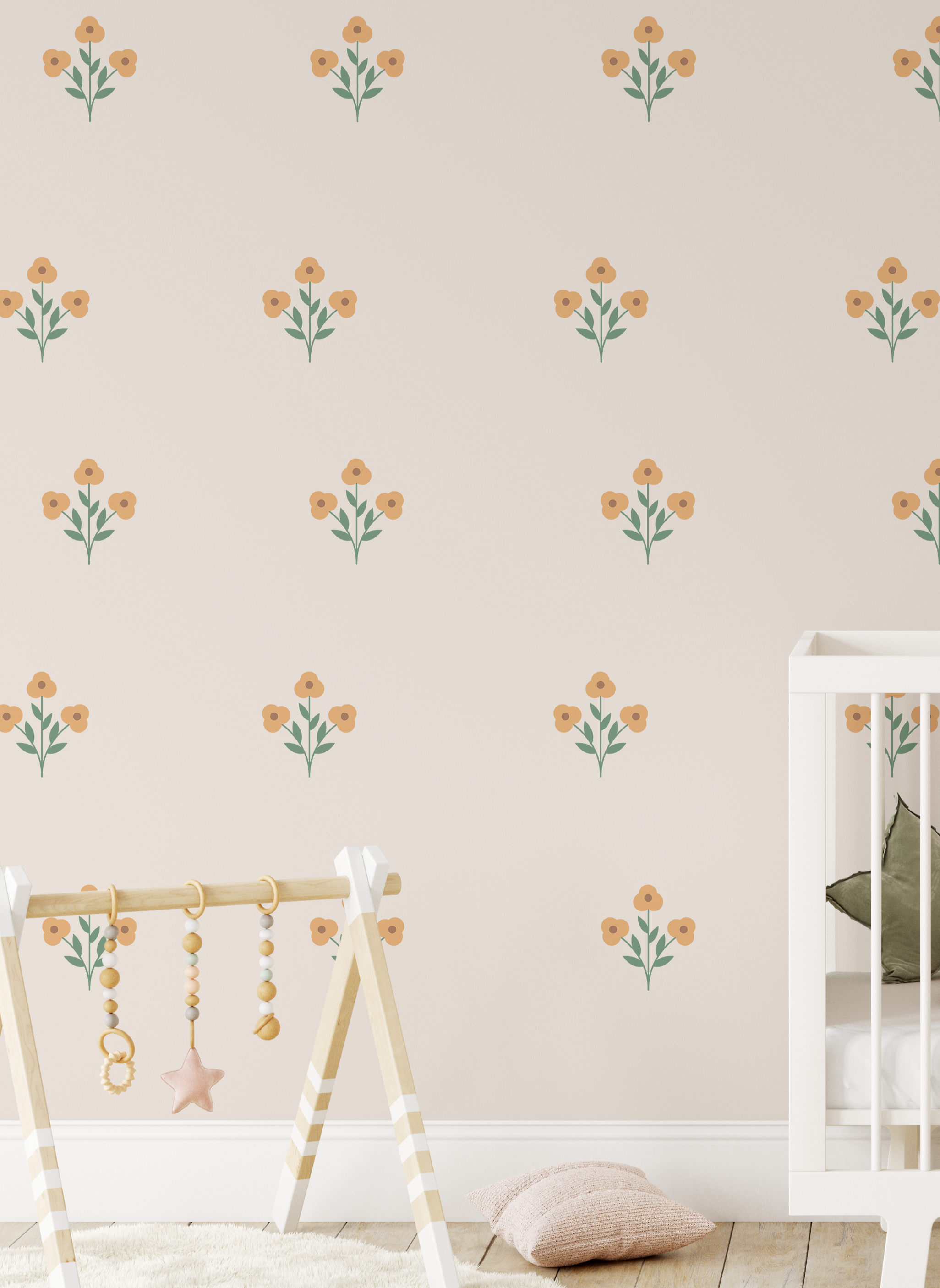 Sweet Spring floral wall decals spaced across a nursery wall with crib and soft neutral baby room styling