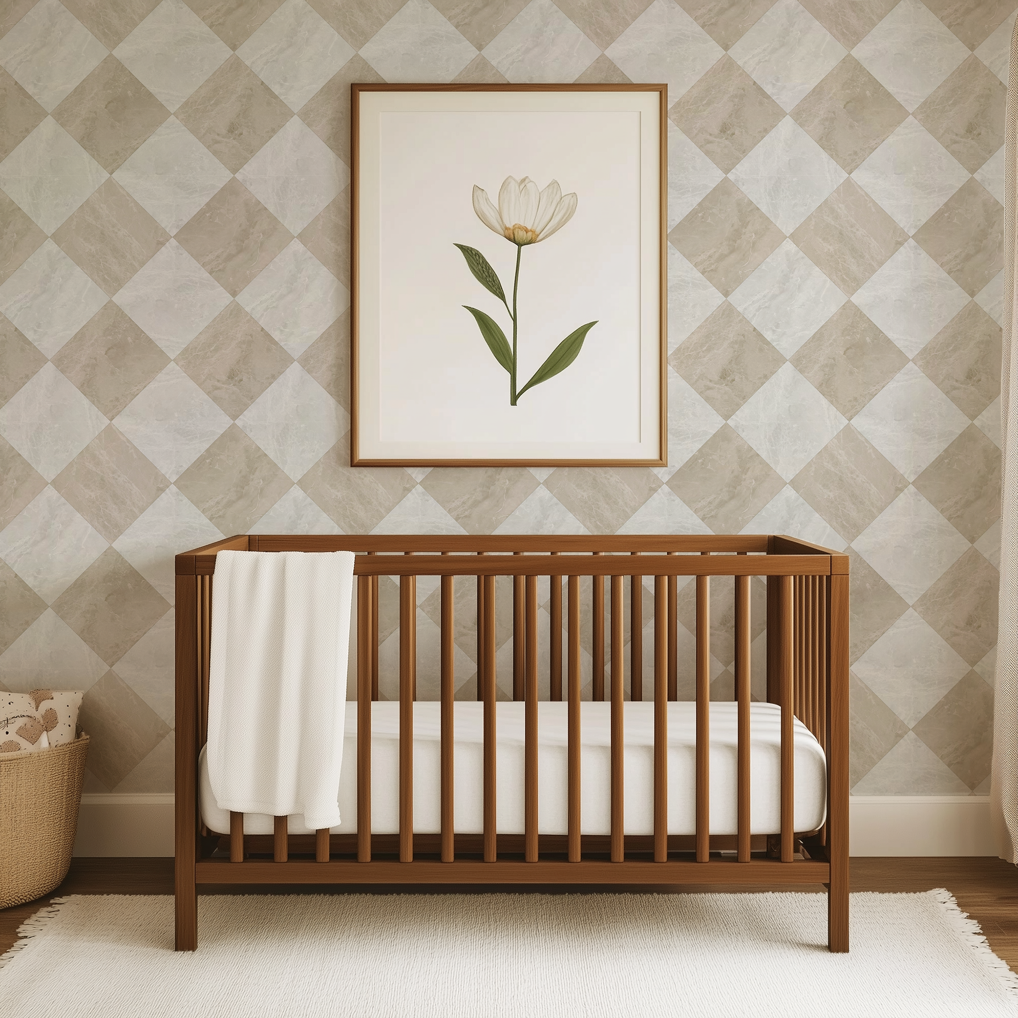 Beige diamond wallpaper styled in a gender-neutral nursery with a warm wood crib and botanical artwork