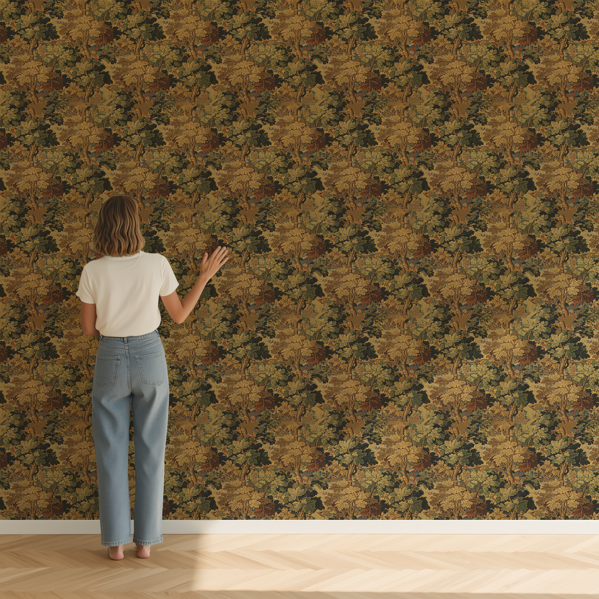 Person standing in front of a wall with a textured, multicolored pattern