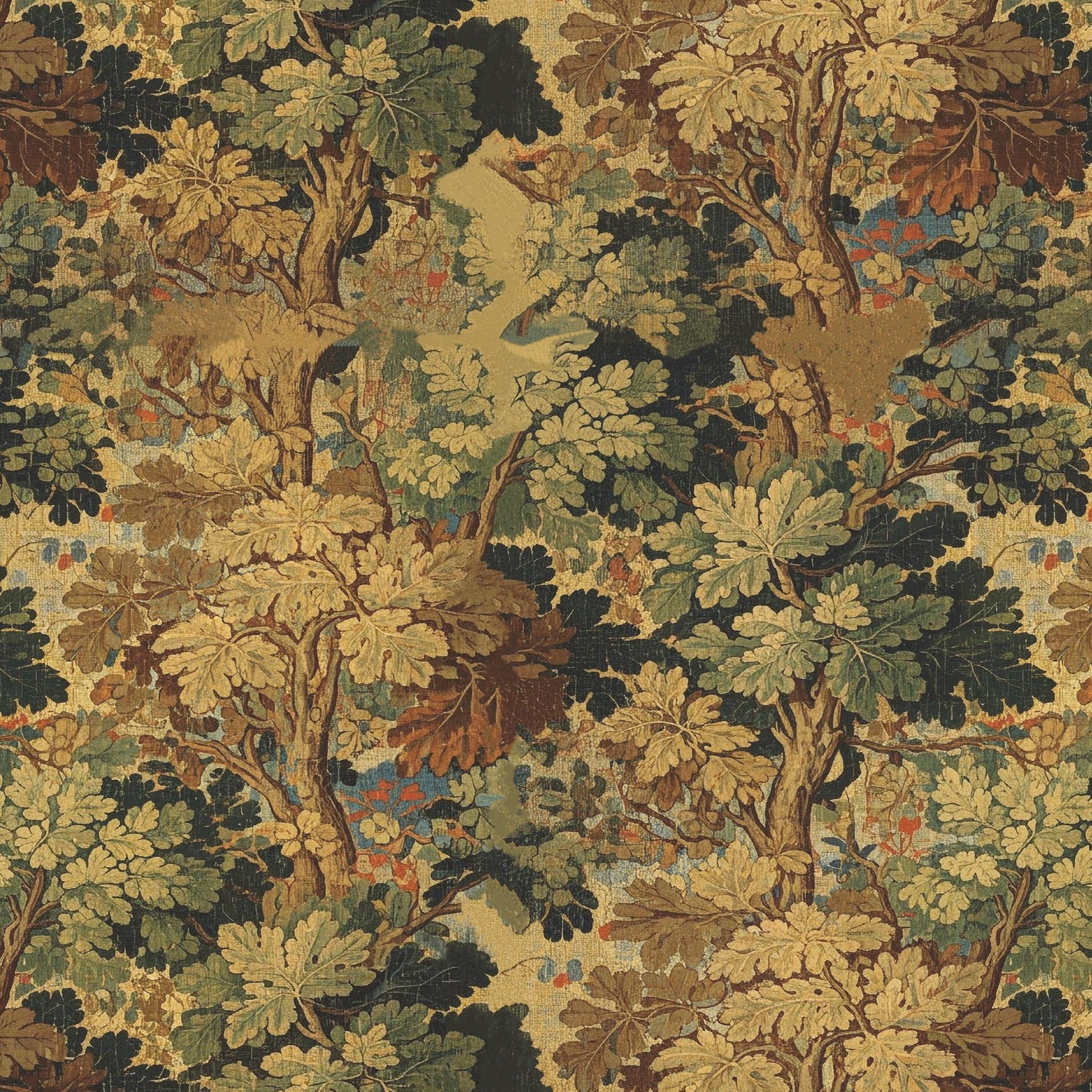 Close-up of vintage tapestry wallpaper with layered oak leaves, branches, muted greens, golds, and browns