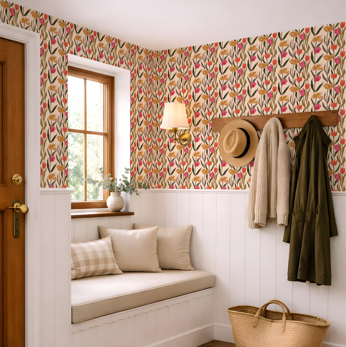 Vintage inspired tulip wallpaper in a cottage entryway with white wainscoting, wood accents and olive green decor