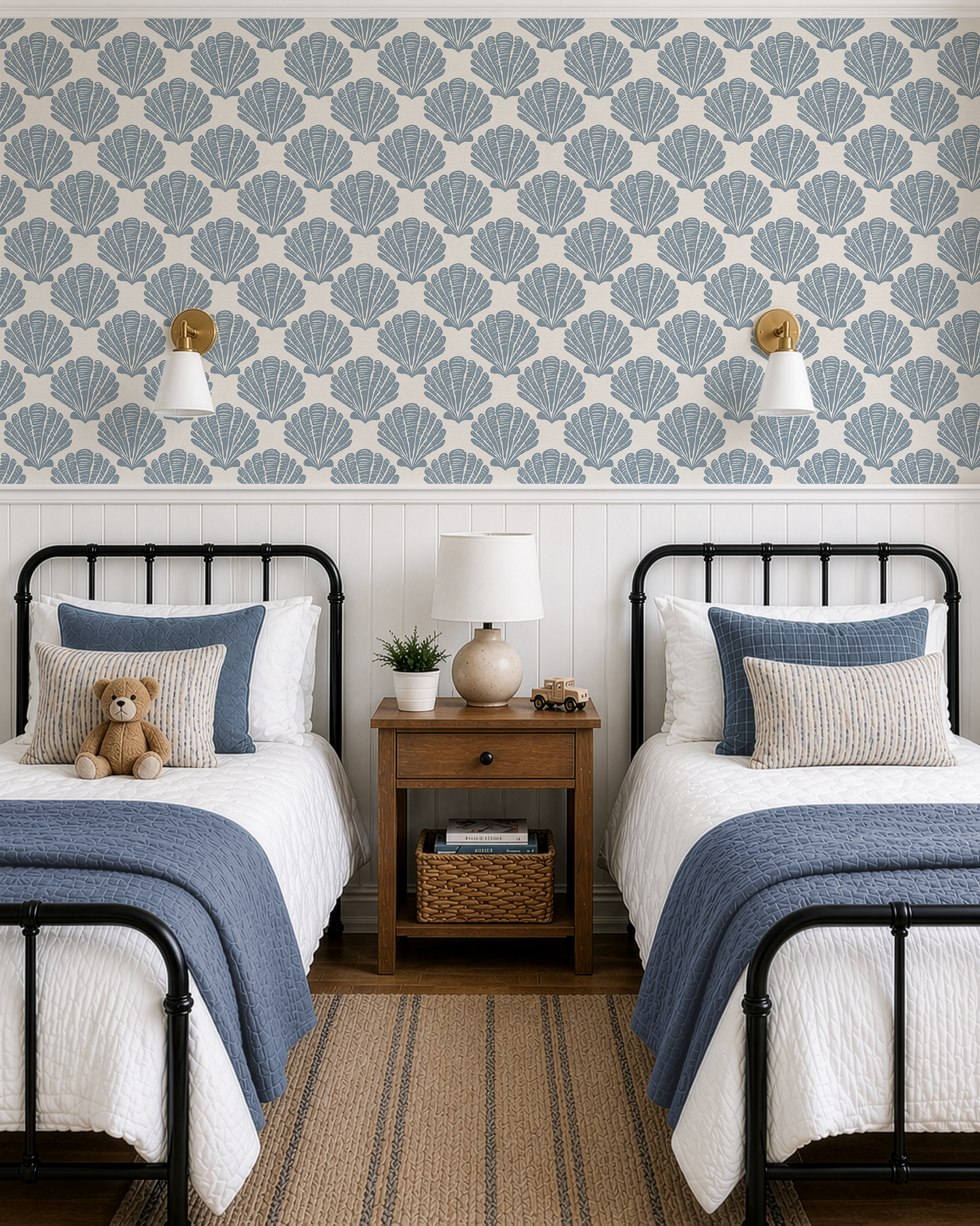 Tidepool Shell wallpaper installed in a shared bedroom with twin beds and blue coastal shell wallpaper creating a relaxed beach house feel.