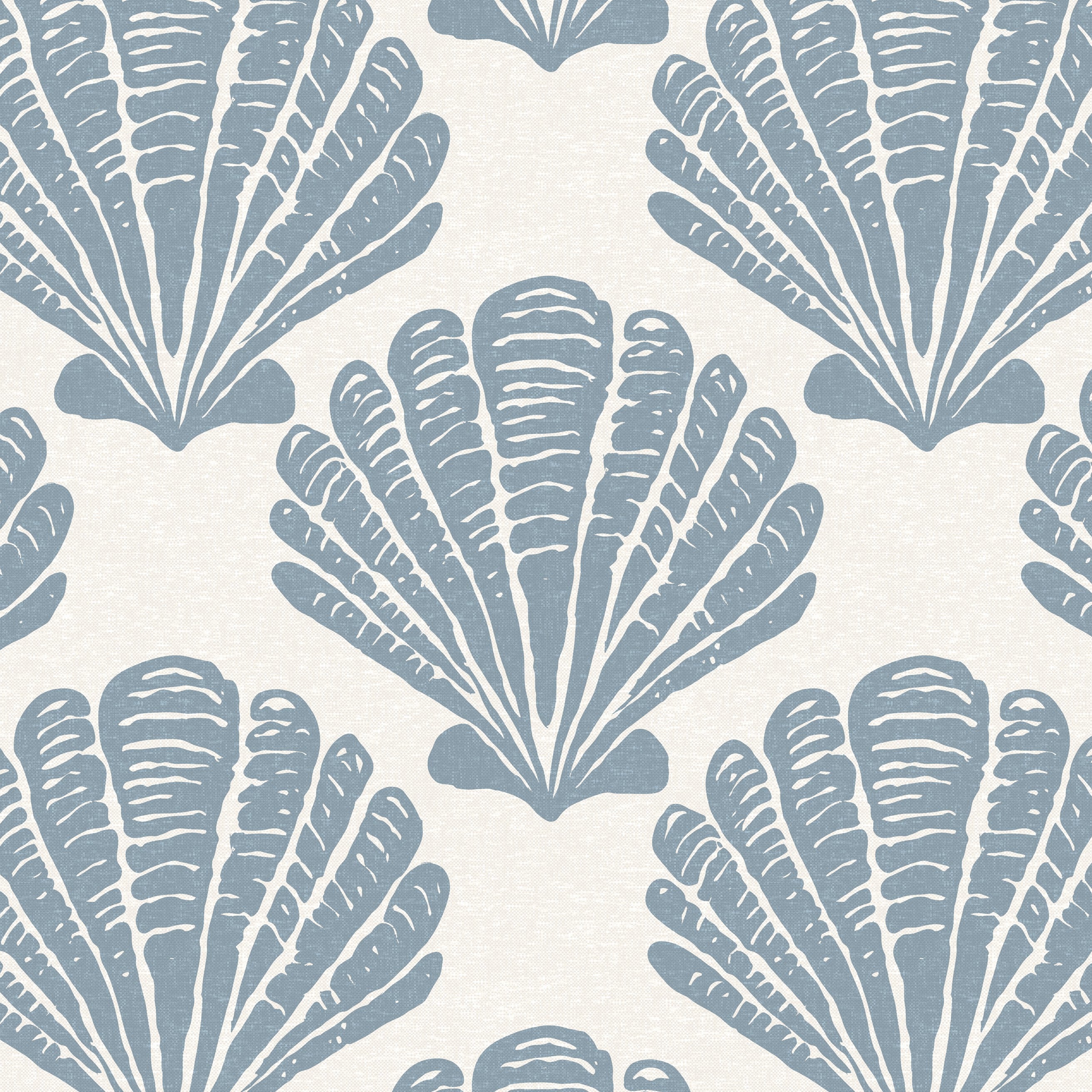 A repeating pattern of stylized blue-gray seashell motifs on a warm off-white background.