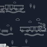 Dark navy wall with white outline train decals, including tracks, train cars, clouds, and trees — modern kids room design
