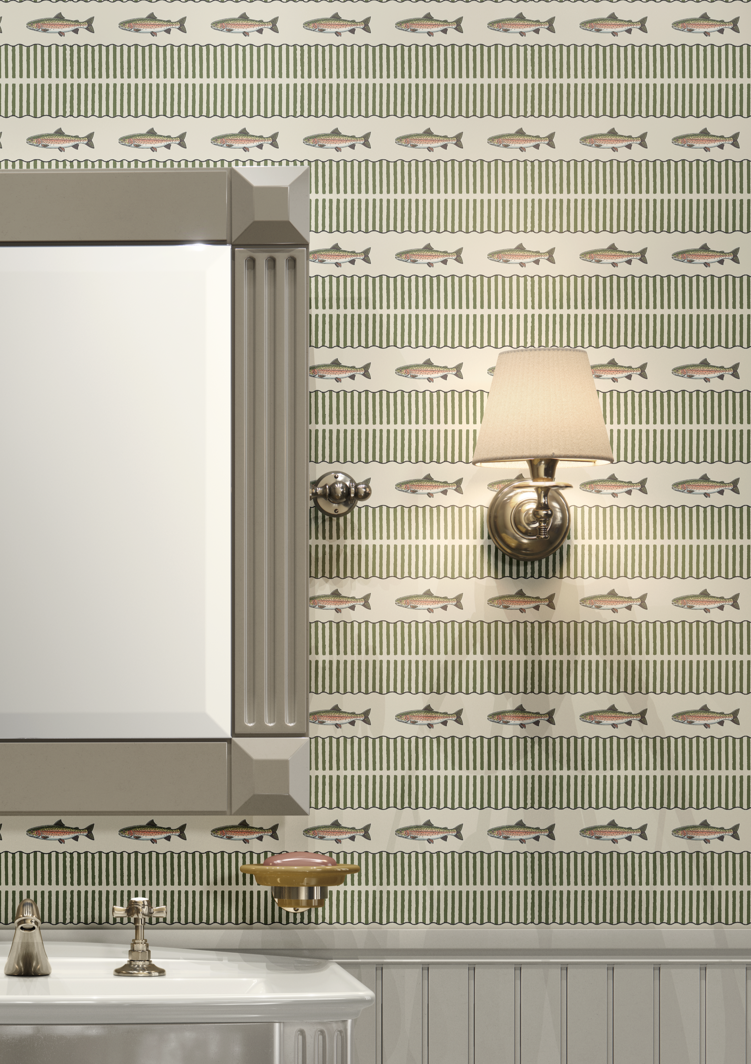 Close-up of trout stripe wallpaper beside a bathroom mirror and brass wall sconce