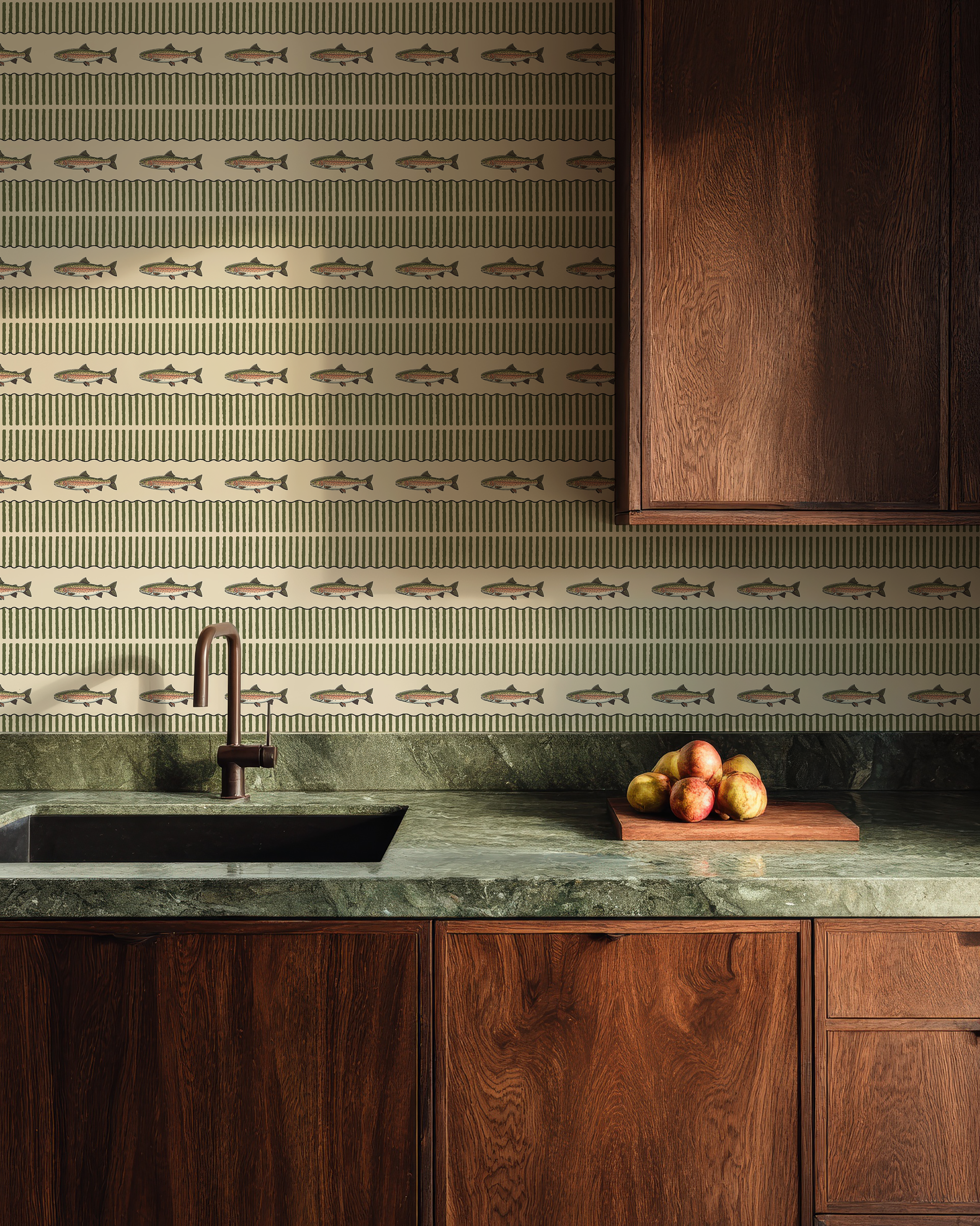 Trout stripe wallpaper used as a kitchen backsplash accent with rich wood cabinetry