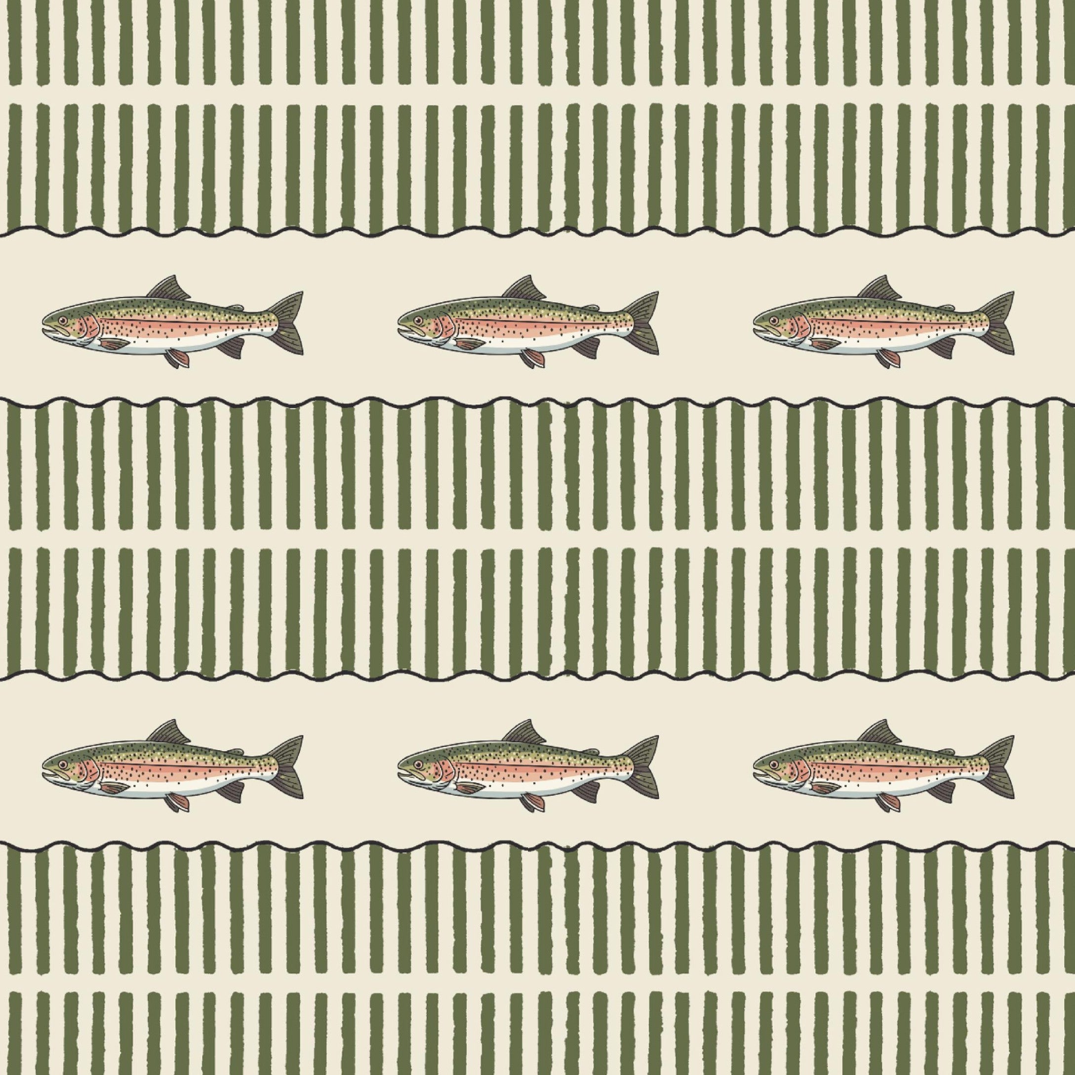Trout stripe wallpaper sample featuring watercolor trout and olive green striped bands