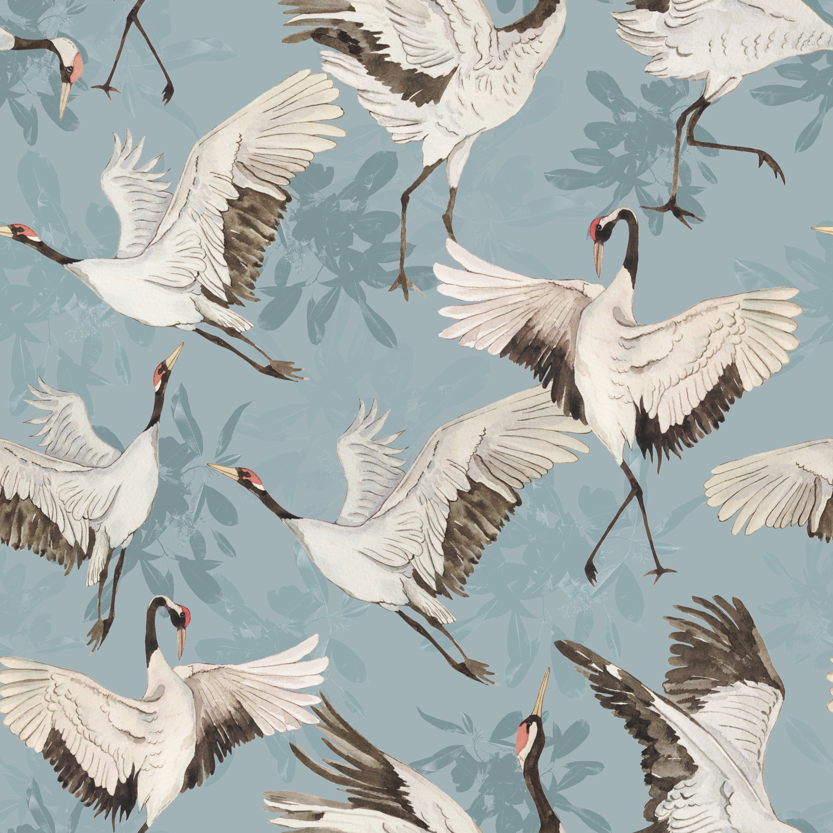 A repeating pattern of white cranes with dark gray wings and black legs on a dusty blue background with faint floral motifs.