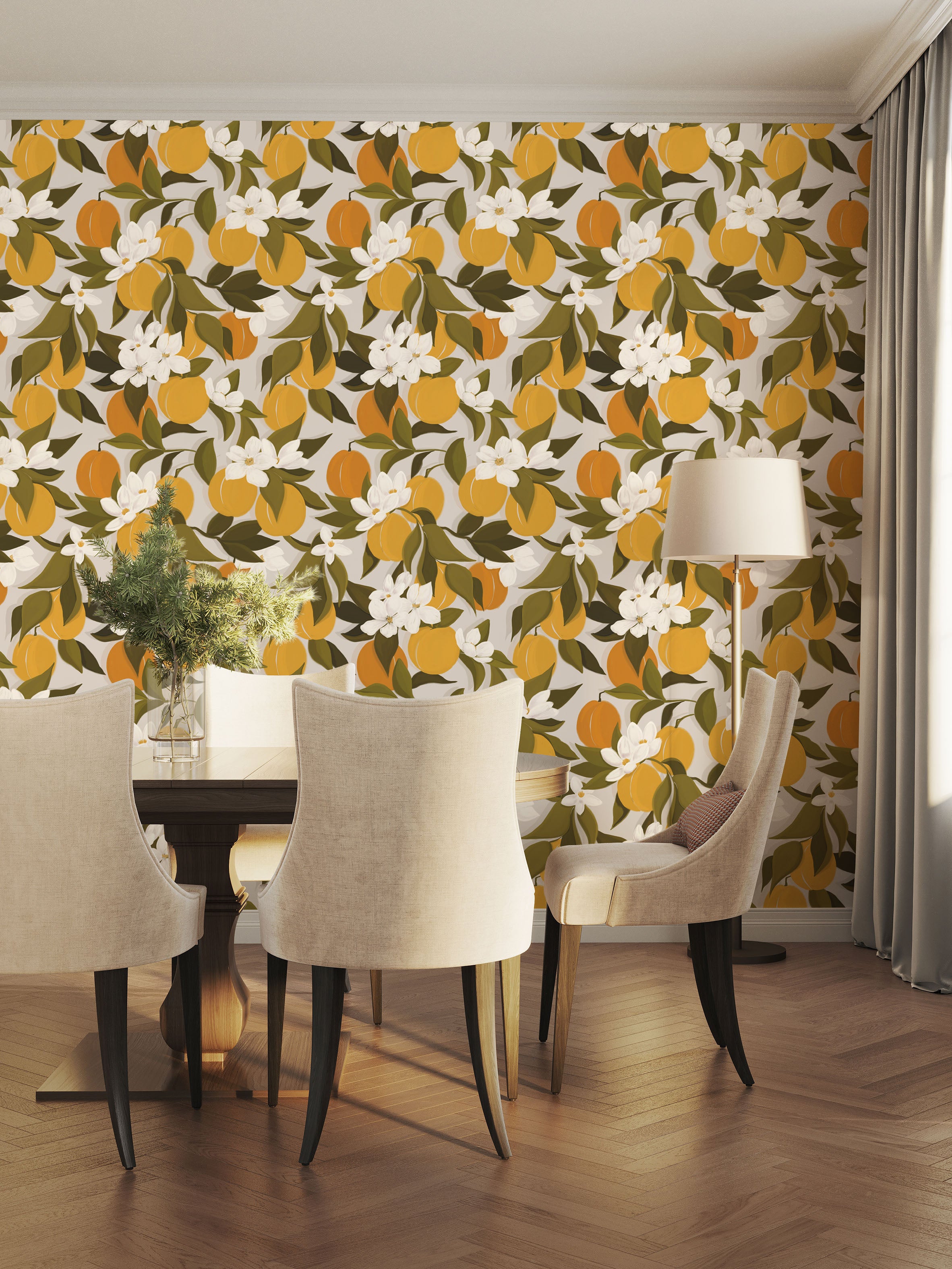 Tuscan Orange wallpaper accent wall behind a dining table with neutral chairs and soft natural light