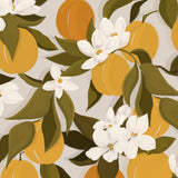 Tuscan Orange wallpaper close-up showing hand painted oranges with white blossoms and olive green leaves