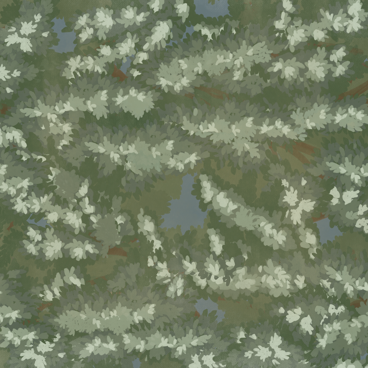 Close-up of Venetian Greenwash wallpaper featuring layered evergreen branches in muted sage, olive green, cream and soft blue.