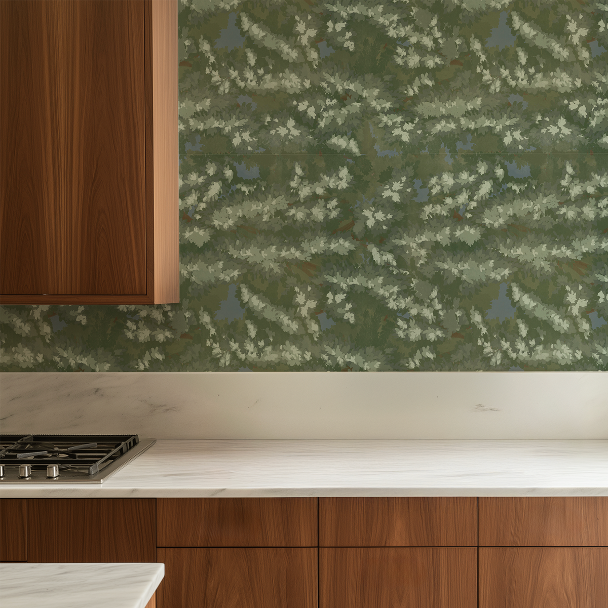 Venetian Greenwash wallpaper with painterly evergreen branches in a modern kitchen with warm wood cabinets and marble countertops.