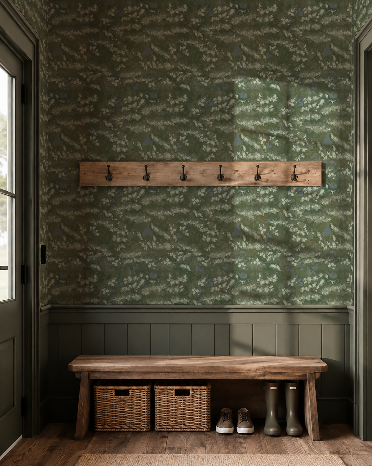 Moody green evergreen wallpaper in an entryway with dark green trim, wood bench, wall hooks and woven storage baskets.