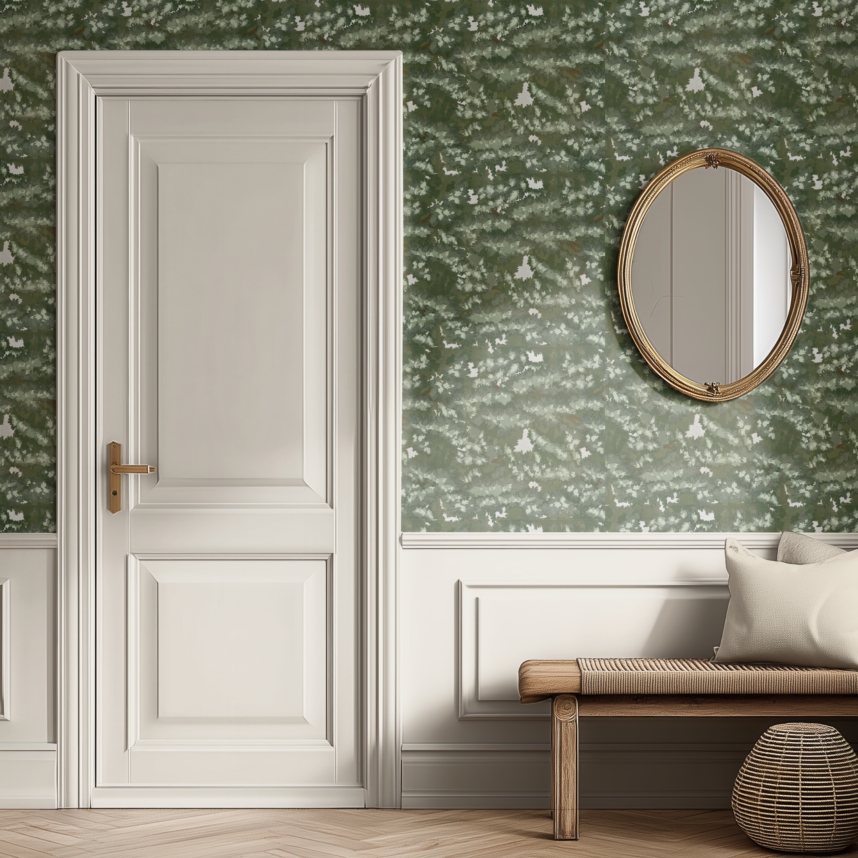 Verdure botanical wallpaper in an elegant entryway with white paneling and antique gold mirror