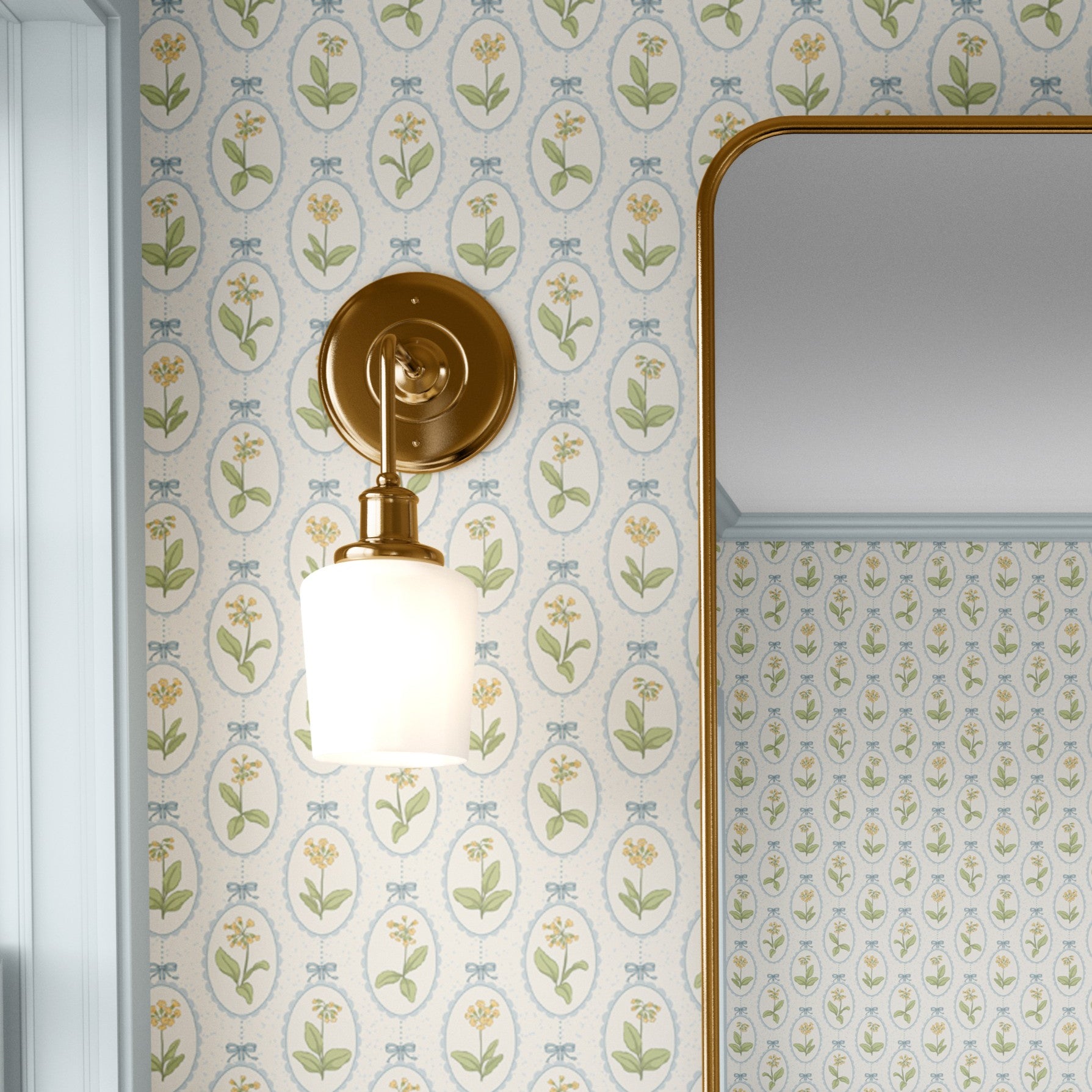 Detailed View of Victorian Wallpaper Beside Brass Light and Mirror – intricate floral wallpaper with botanical motifs and blue scalloped accents