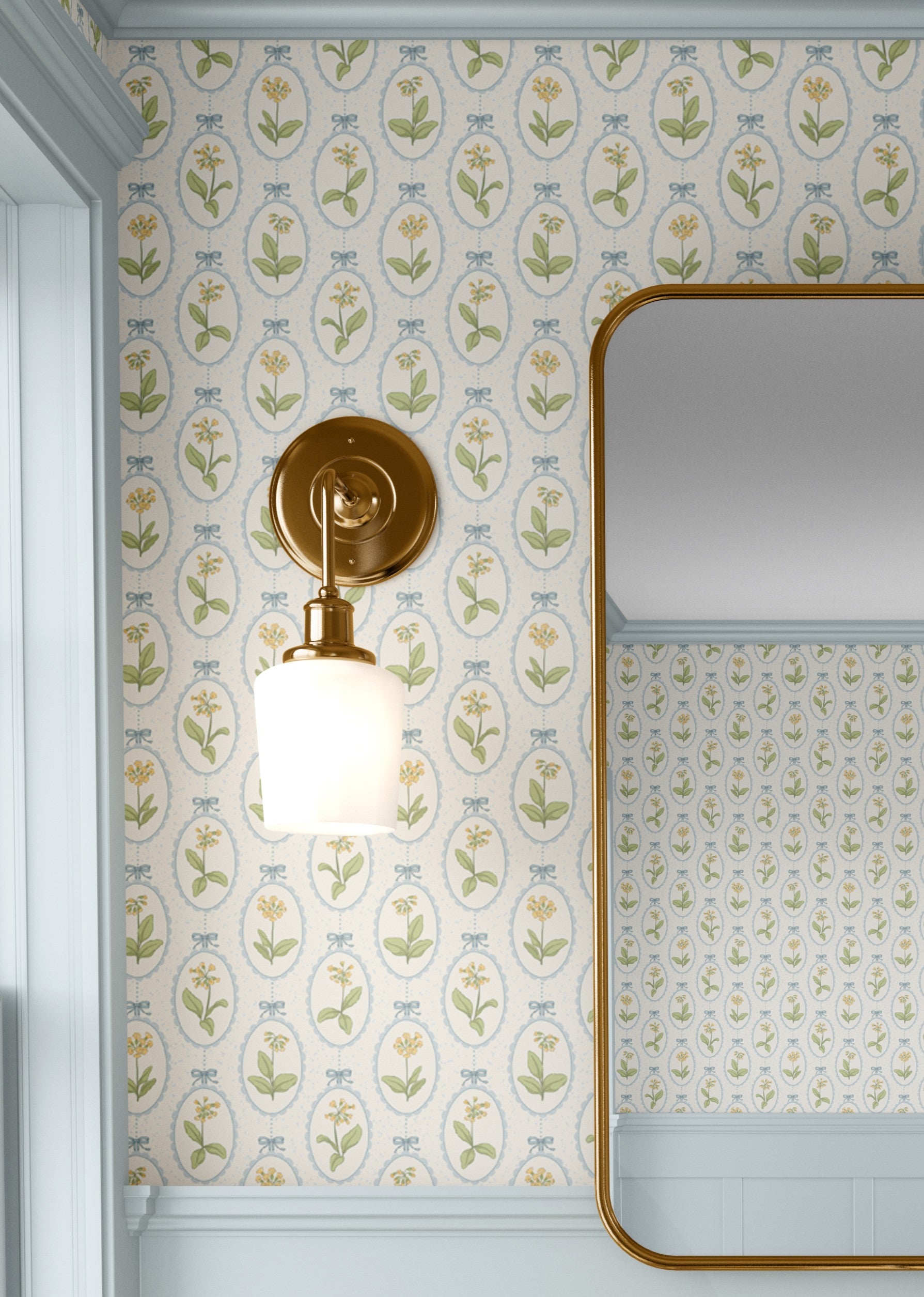 Detailed View of Victorian Wallpaper Beside Brass Light and Mirror – intricate floral wallpaper with botanical motifs and blue scalloped accents
