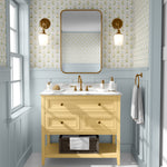 Victorian Yellow Floral Wallpaper in Blue Paneled Bathroom – vintage floral wallpaper in a blue and yellow bathroom
