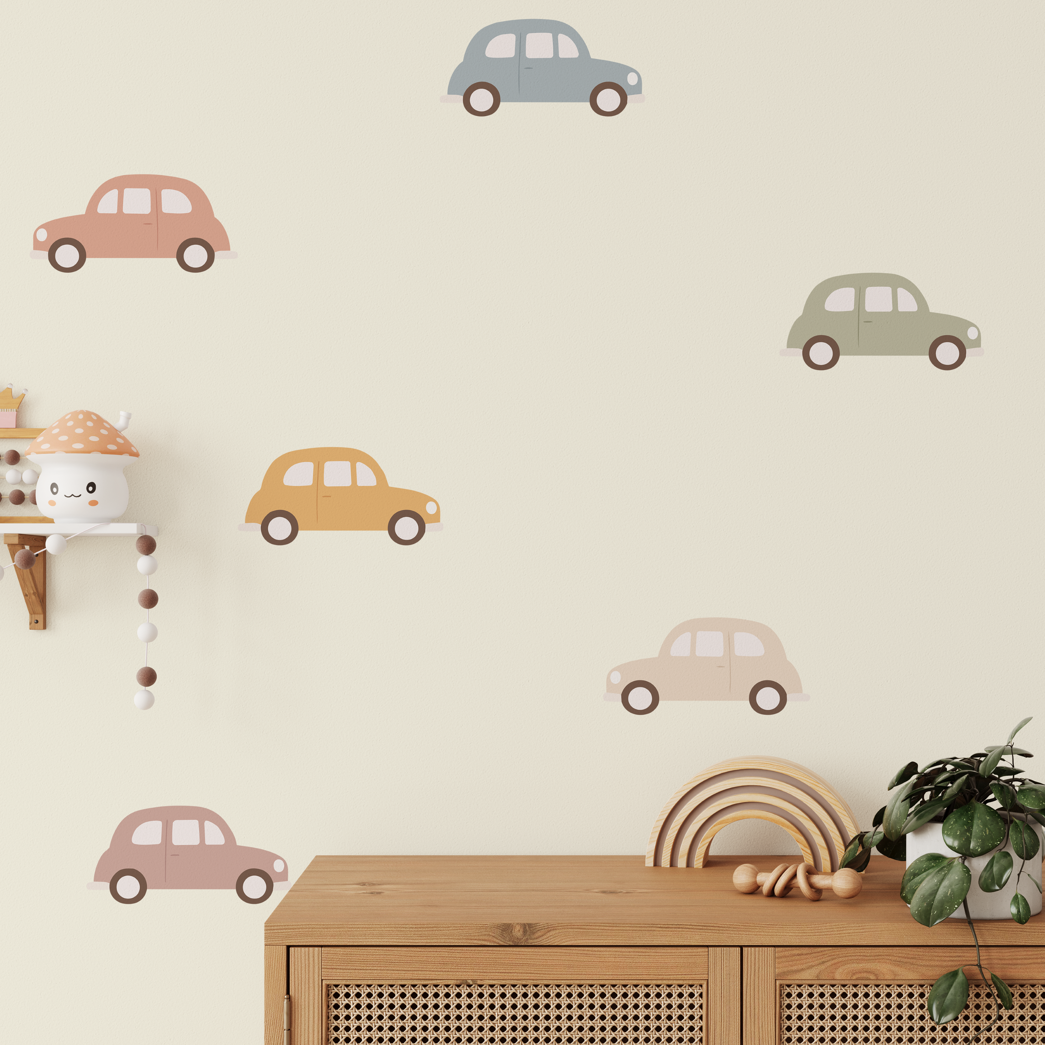 Vintage cruiser car wall decals in soft pastel tones styled above wooden dresser in neutral nursery with retro car wall stickers