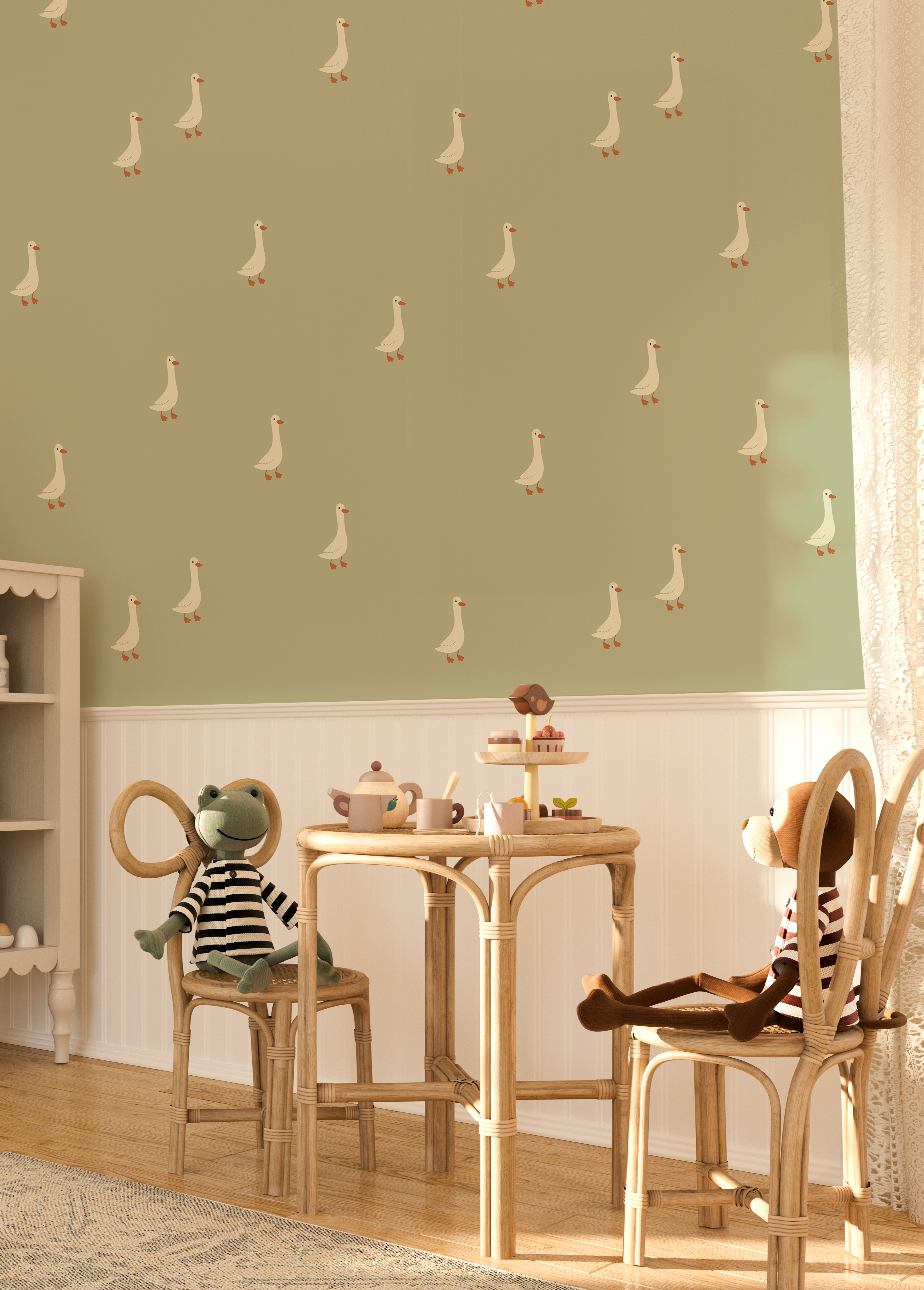 Neutral nursery wallpaper with geese pattern above wainscoting, vintage-inspired kids room decor