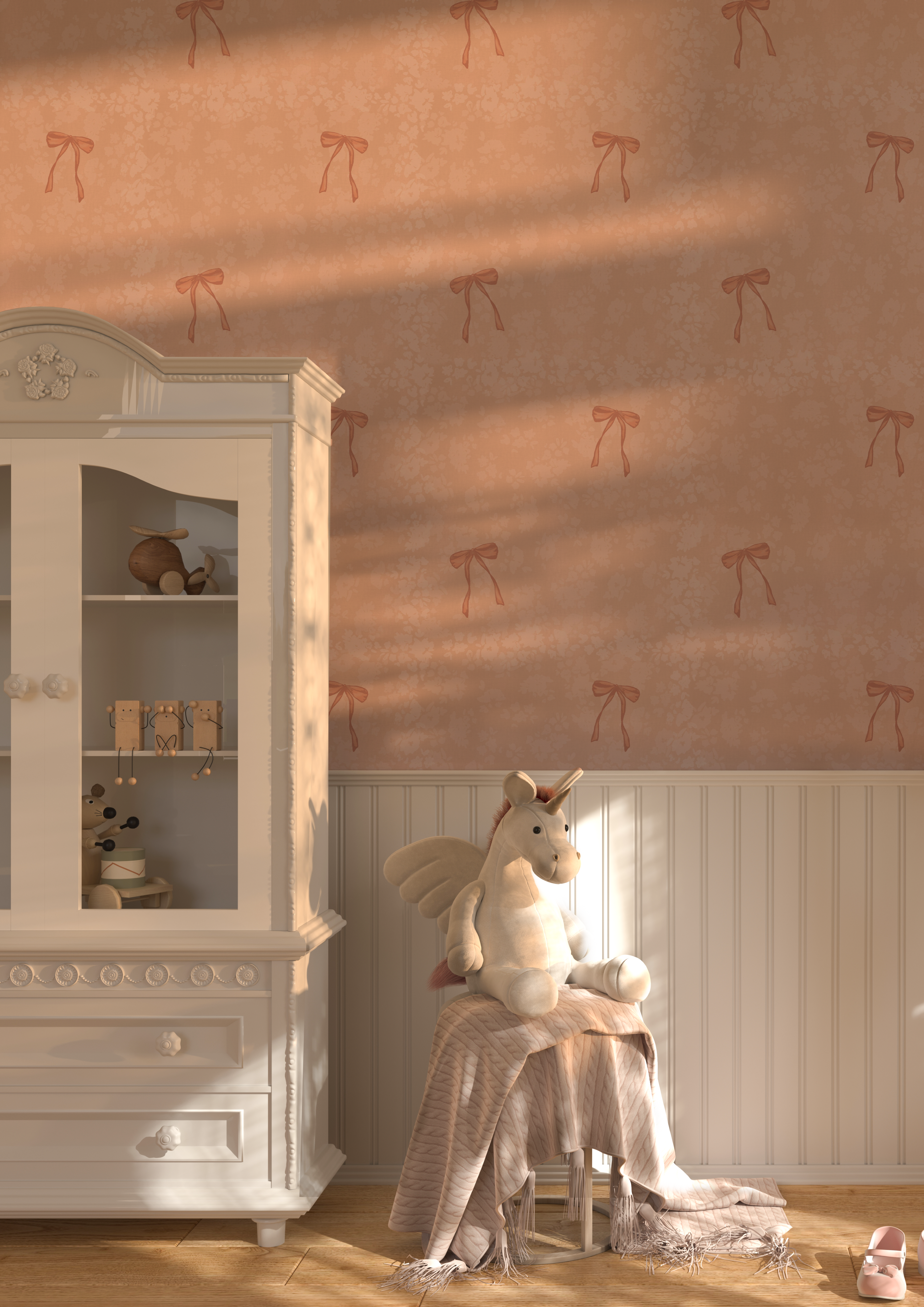 Kids’ room with Pink Bow Vintage Wallpaper, sunlight streaming across walls, white cabinet, and plush unicorn toy.
