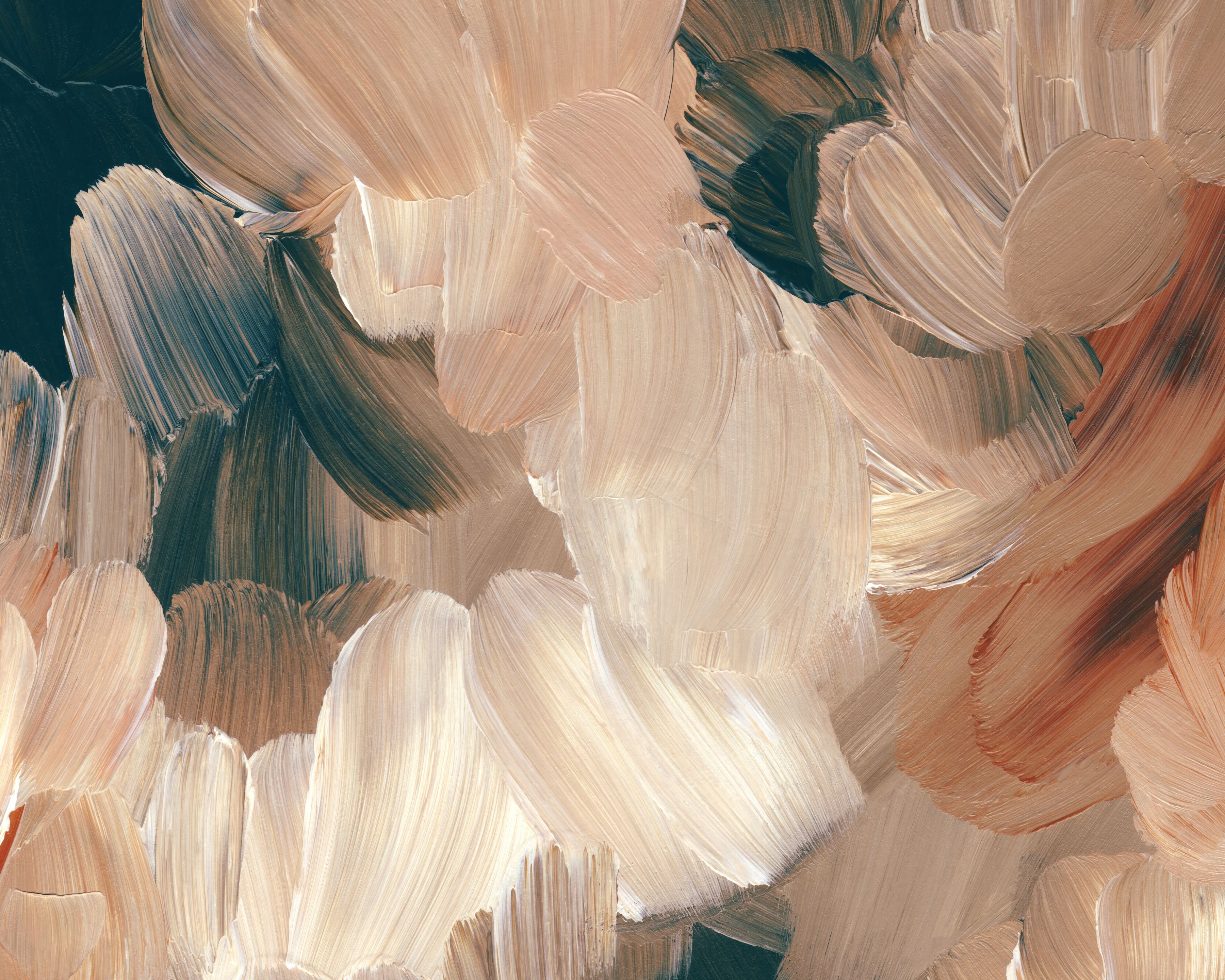 Abstract brushstroke wall mural in earthy beige, tan, and dark green tones styled with pottery and wooden console table