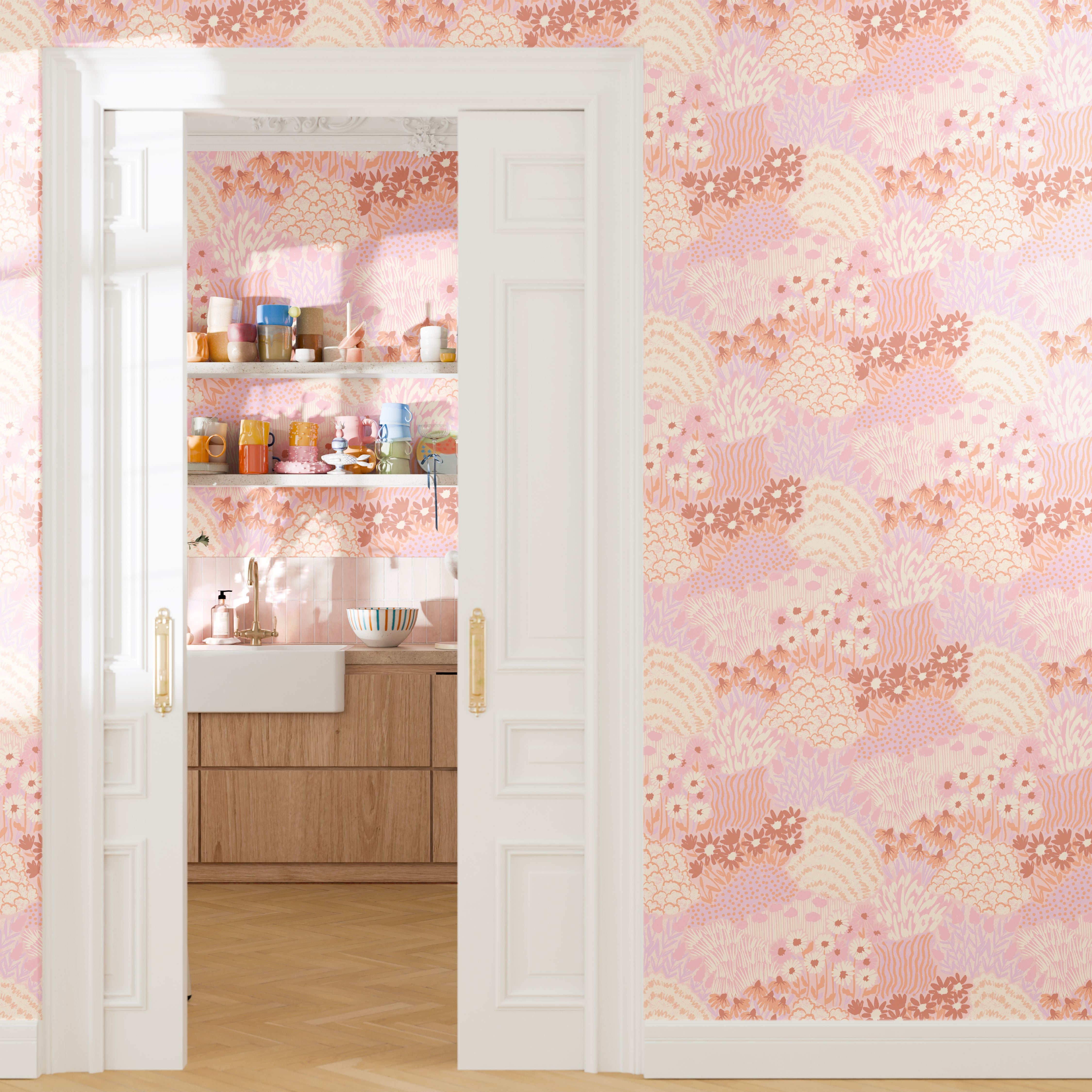 Colorful kitchen wall with Daydream wallpaper seen through white-paneled French doors