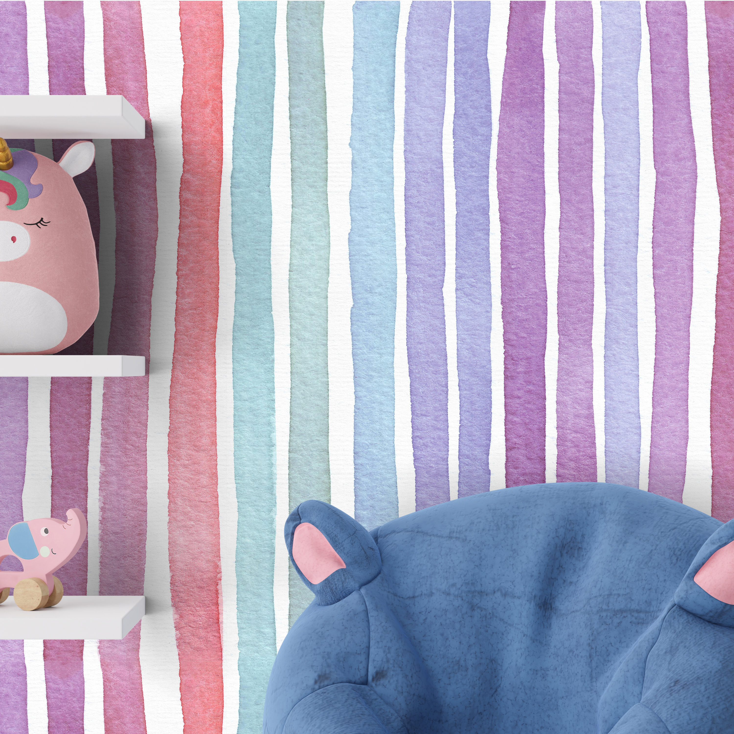 Watercolor-style vertical stripes in pink, purple, blue, and white on a wall, with partial views of a plush blue chair and a pink unicorn toy on white shelves.