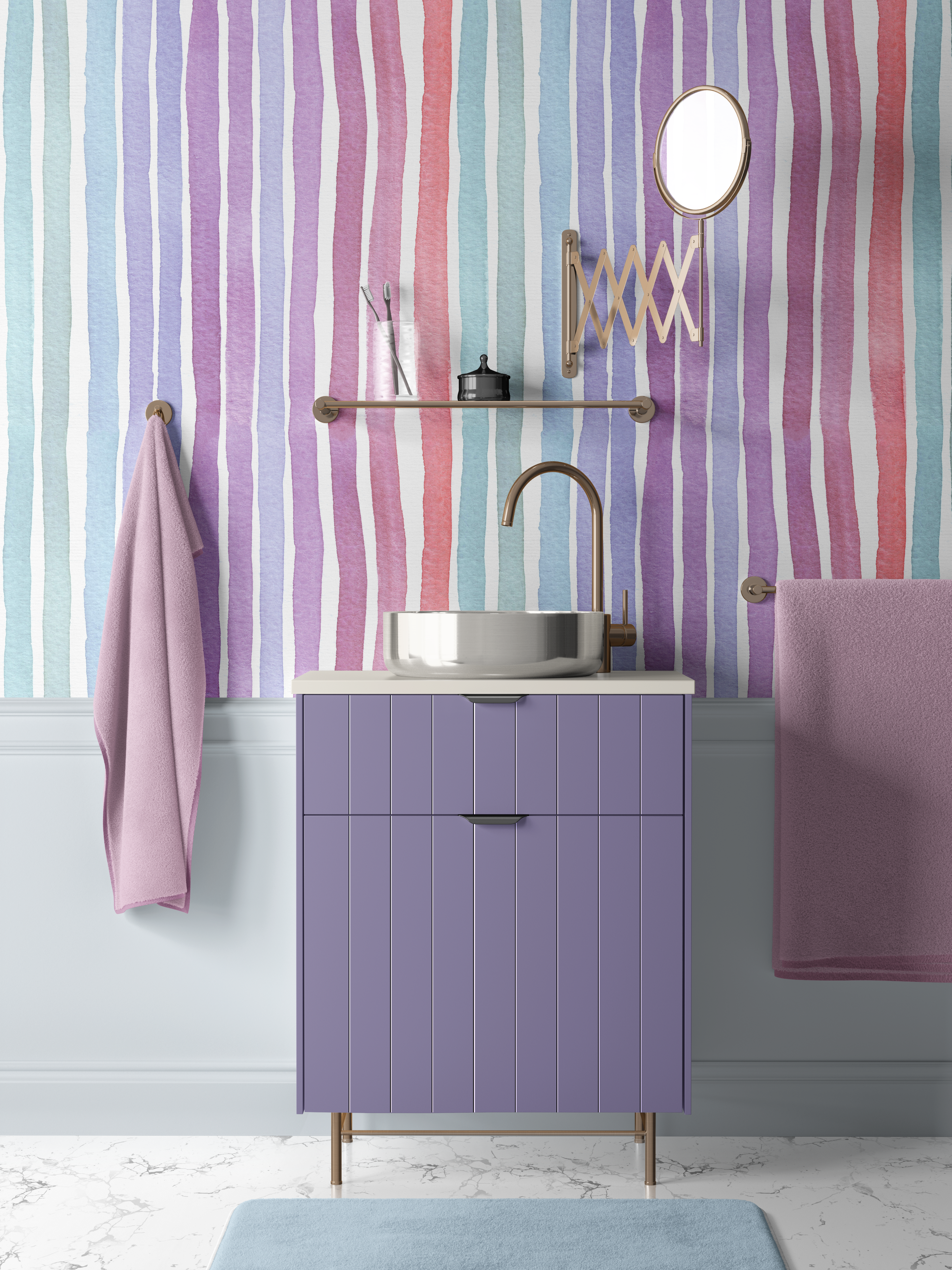 Pastel watercolor stripe wallpaper in a colorful bathroom featuring blue, purple and pink hand painted vertical stripes