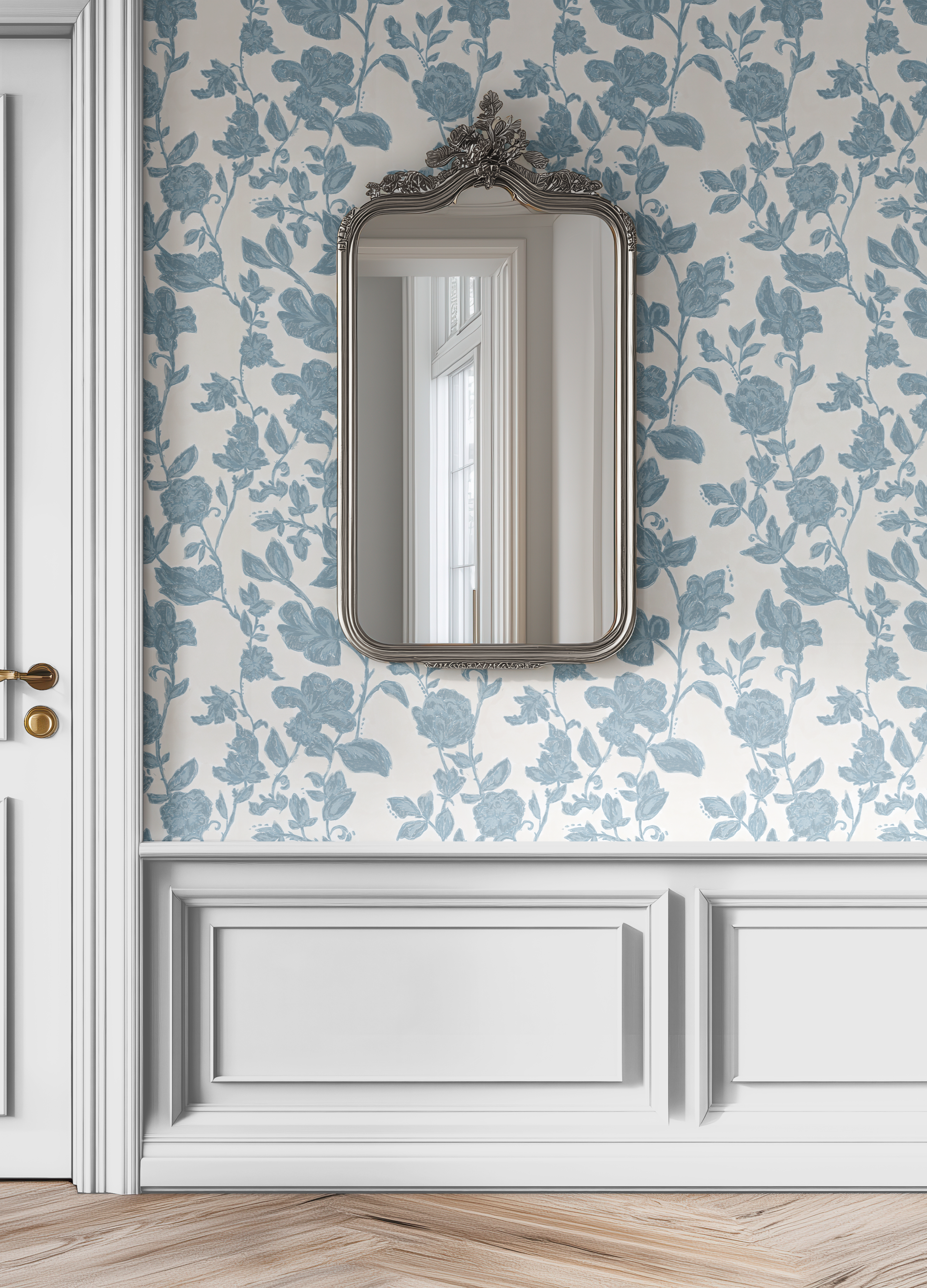 blue floral wallpaper with vintage botanical pattern styled with ornate mirror and classic interior details
