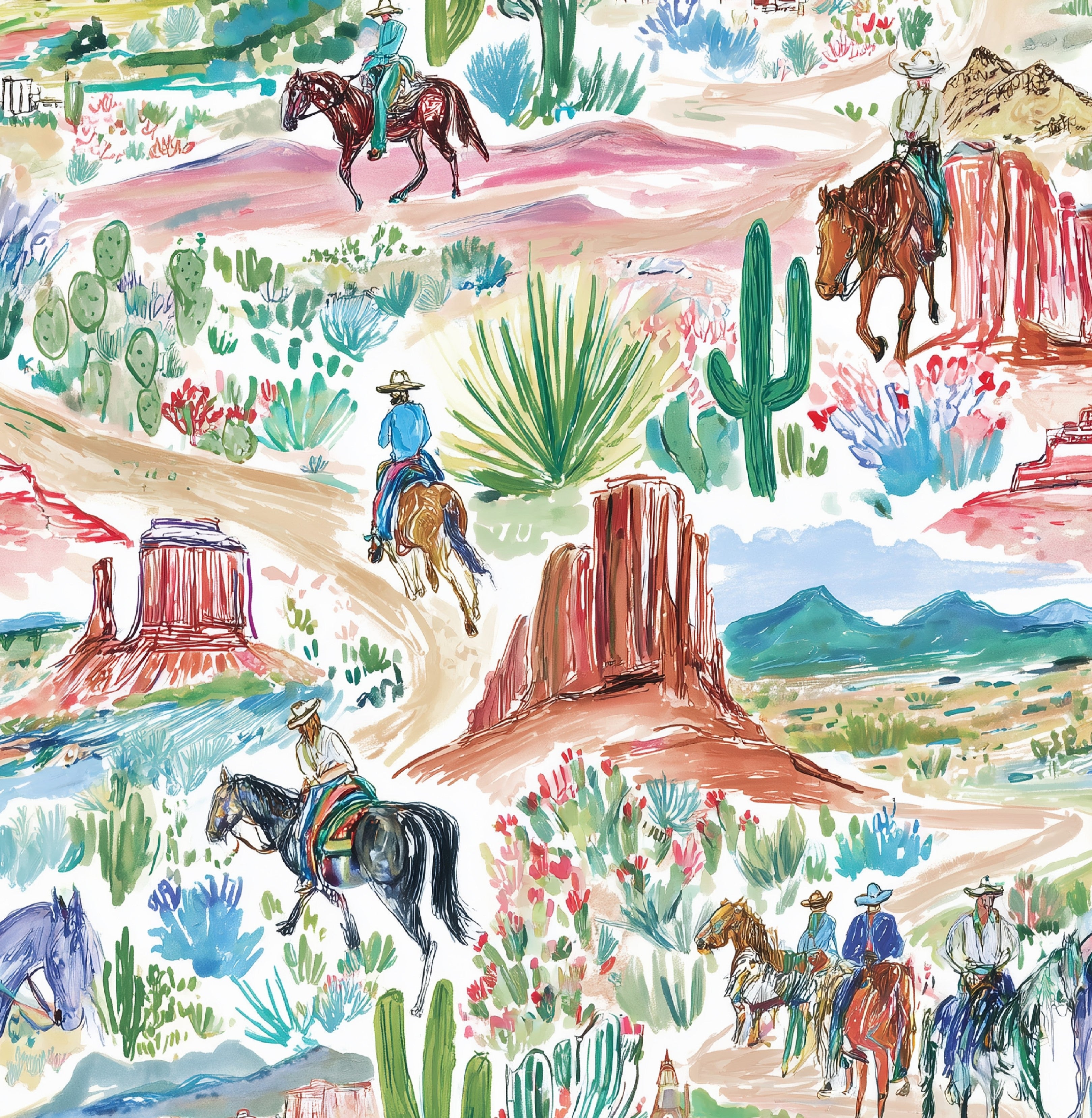watercolor western wallpaper with cowboys on horseback, cacti, desert florals, and red rock buttes