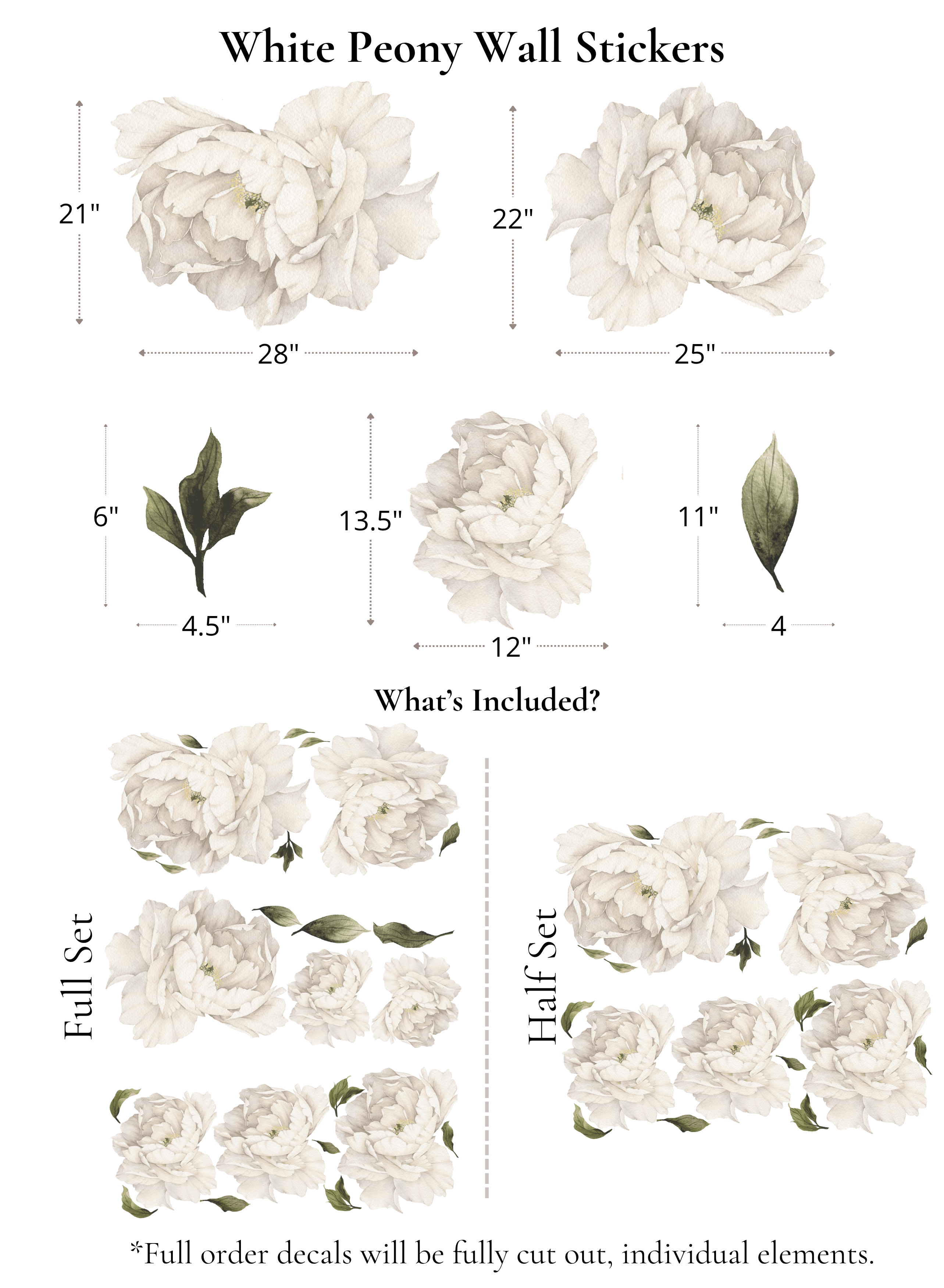 White peony wall sticker set with dimensions and included quantity information on a white background. The image shows large white peony flower decals with green leaves, labeled in multiple sizes, plus full set and half set counts.