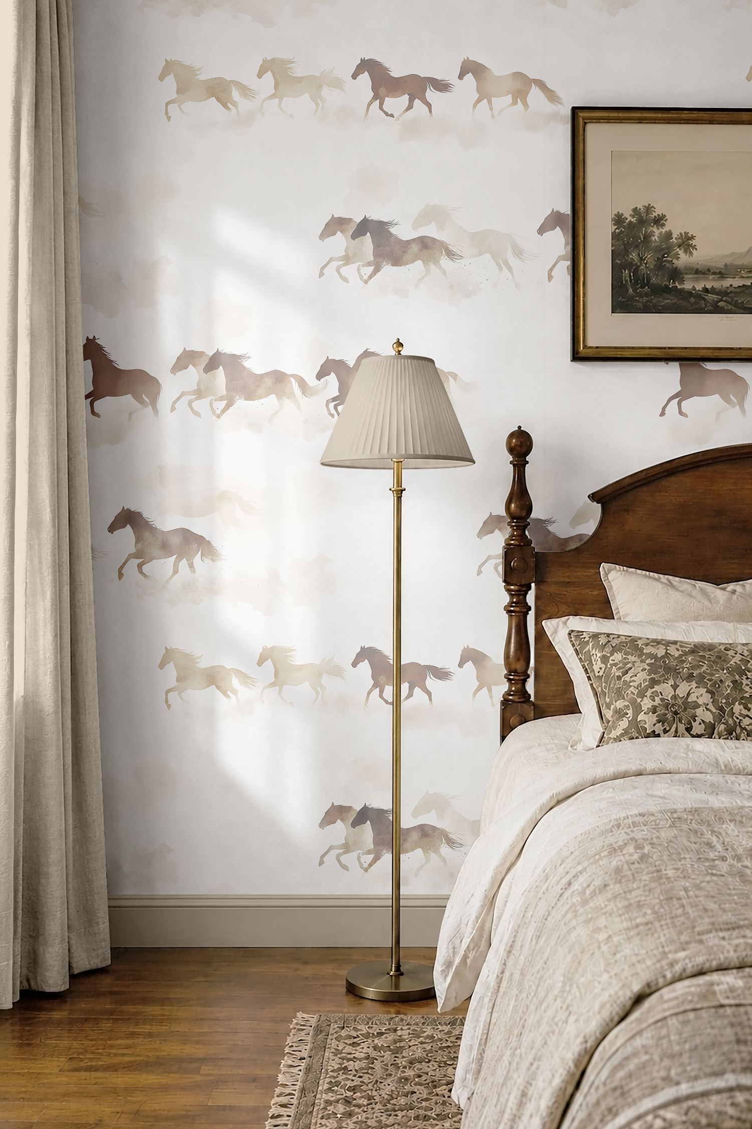 Neutral horse wallpaper in traditional bedroom featuring watercolor galloping horses, elegant western wallpaper