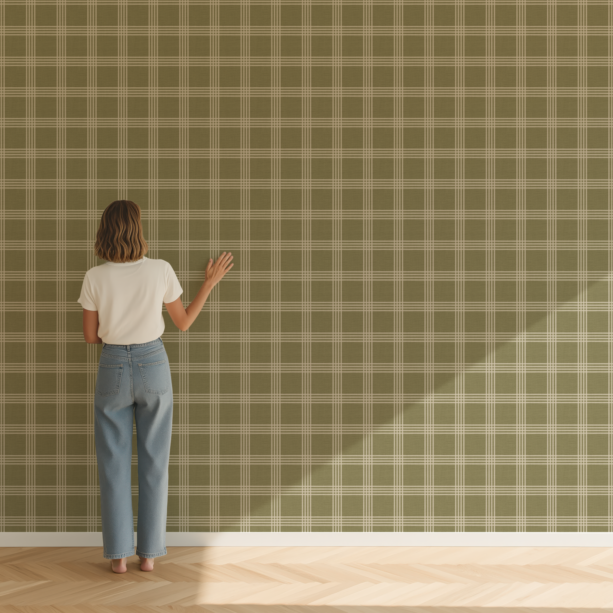 Woman standing in front of a wall with green plaid wallpaper