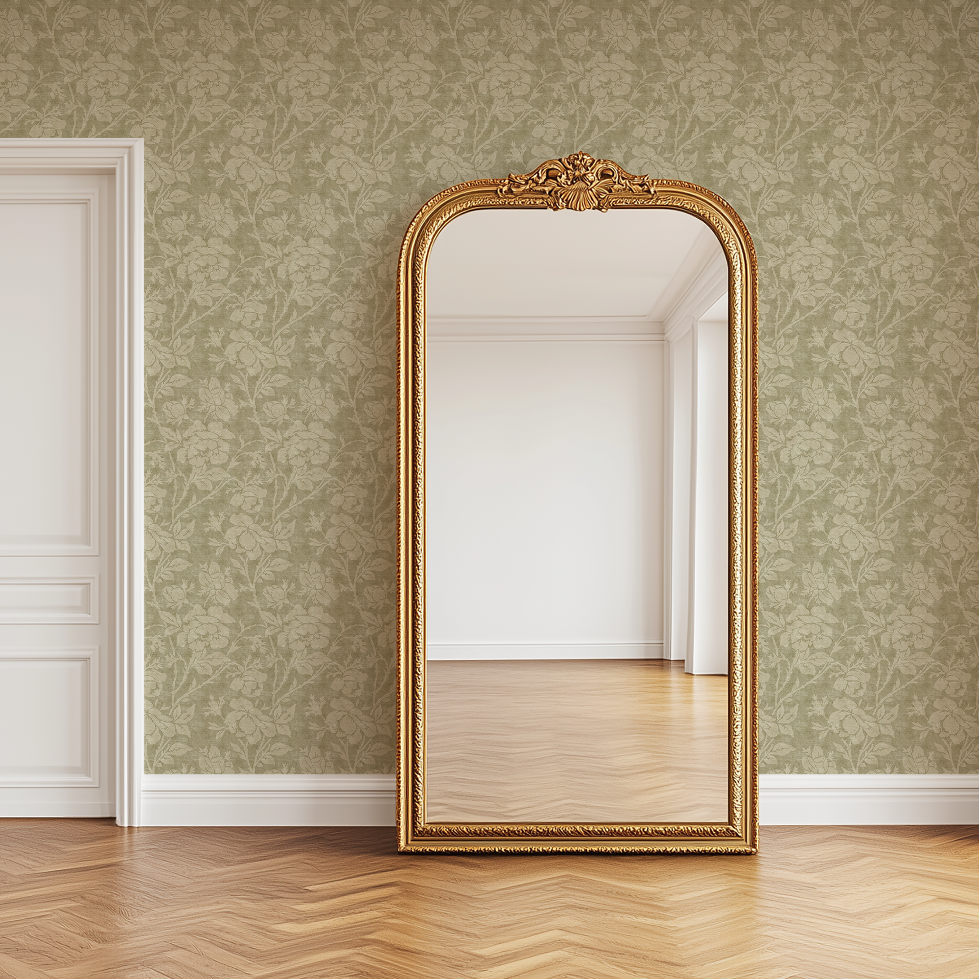 Woven Rose wallpaper featuring a tonal vintage floral design displayed beside an ornate gold floor mirror
