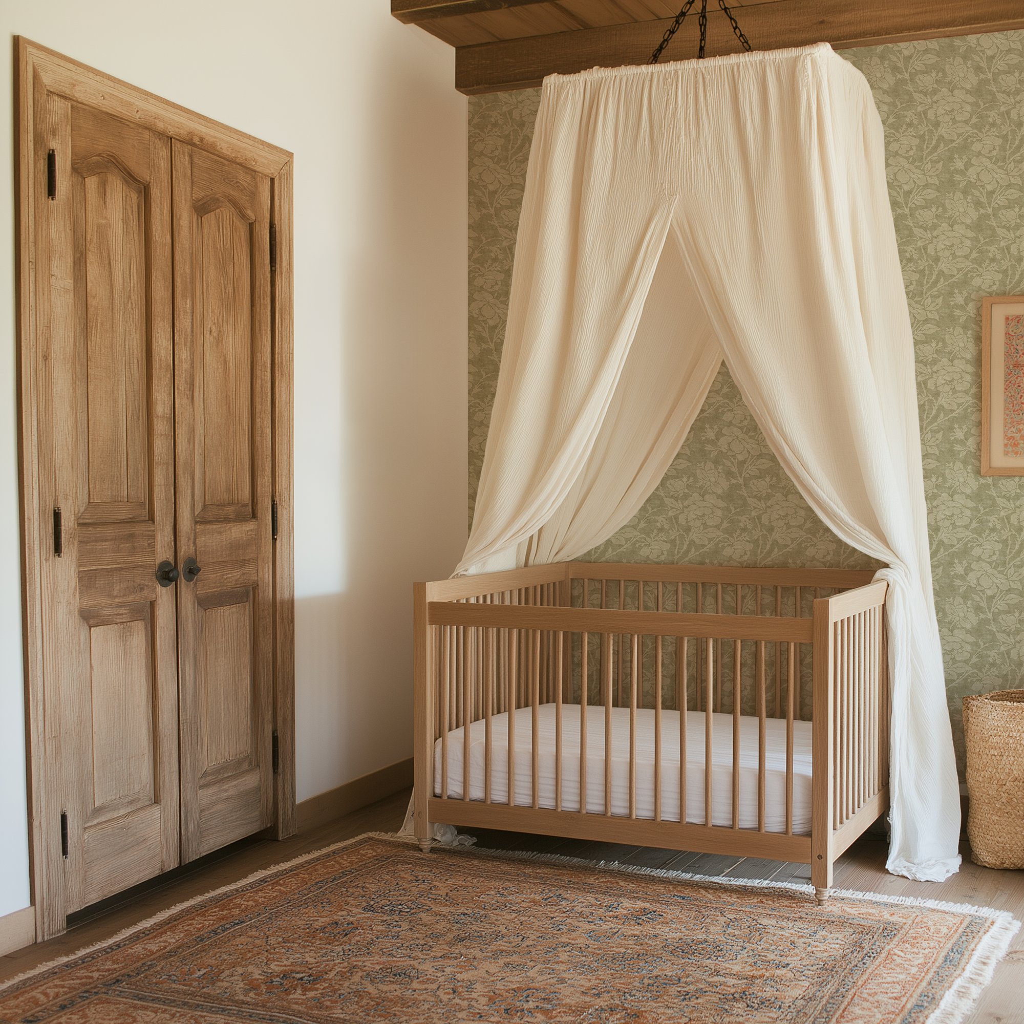 Traditional floral wallpaper with woven textile-inspired roses styled in a nursery with natural wood crib