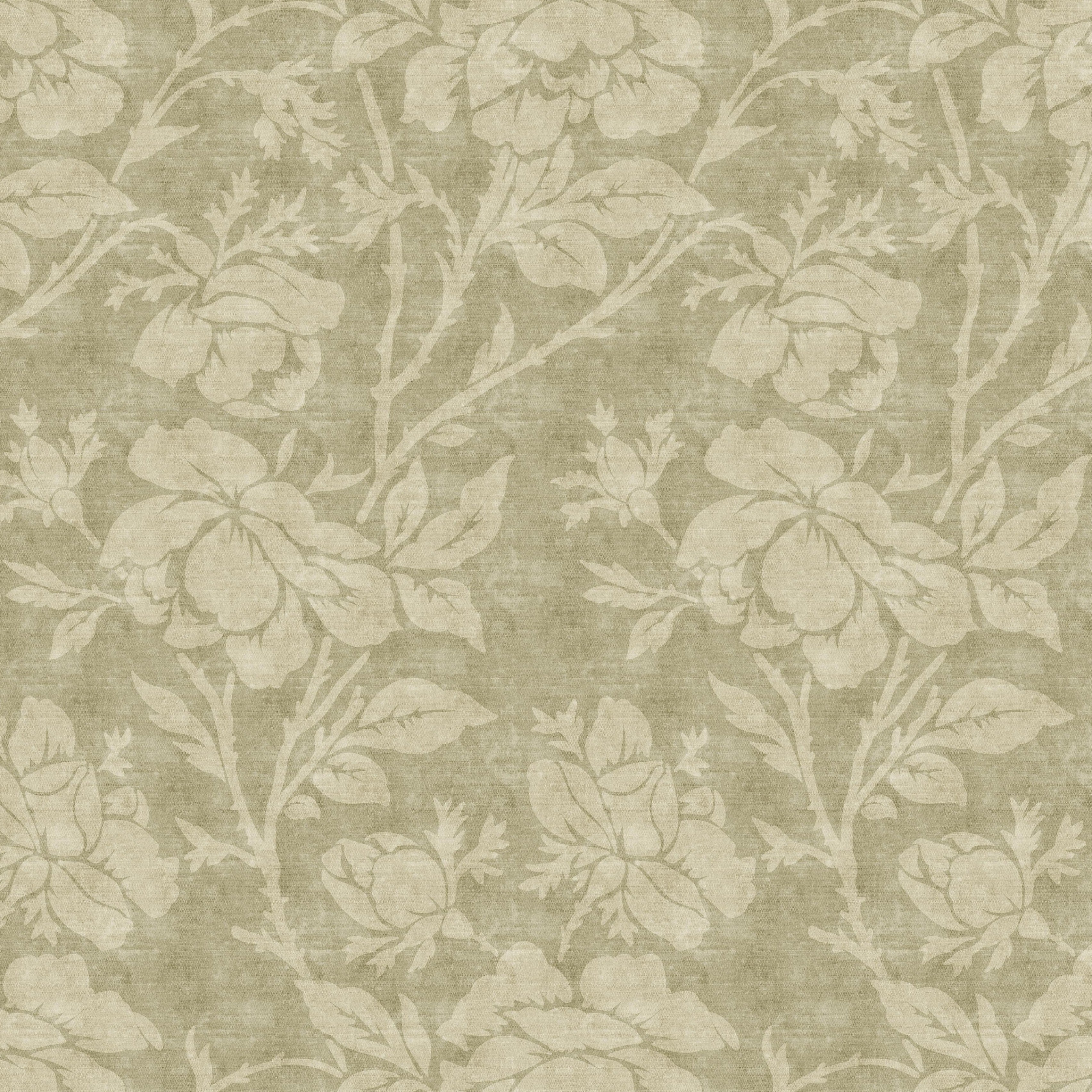 Vintage botanical wallpaper with tonal rose blooms and soft sage green linen-look detailing