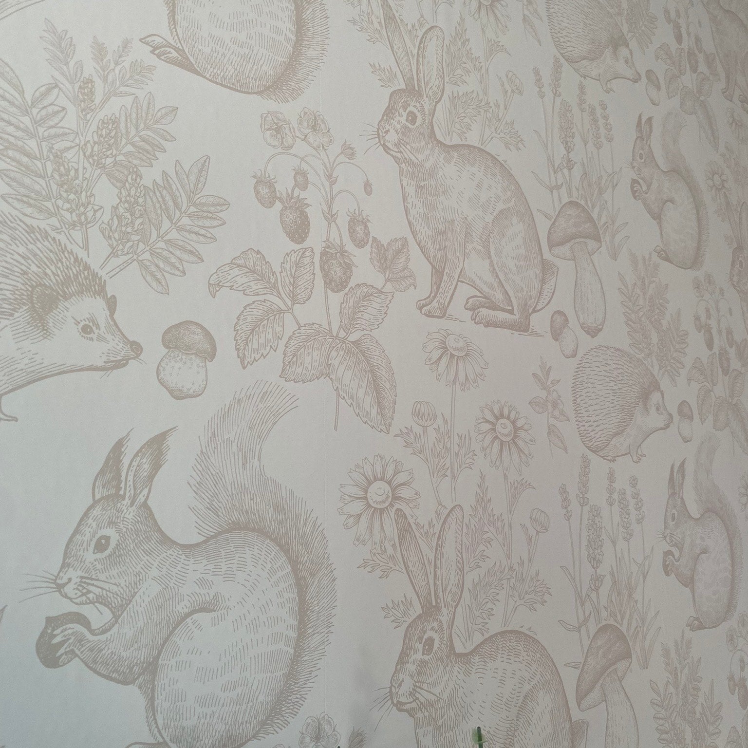 Close-up of a neutral nursery wallpaper depicting various woodland animals like rabbits and squirrels in a detailed beige sketch style.