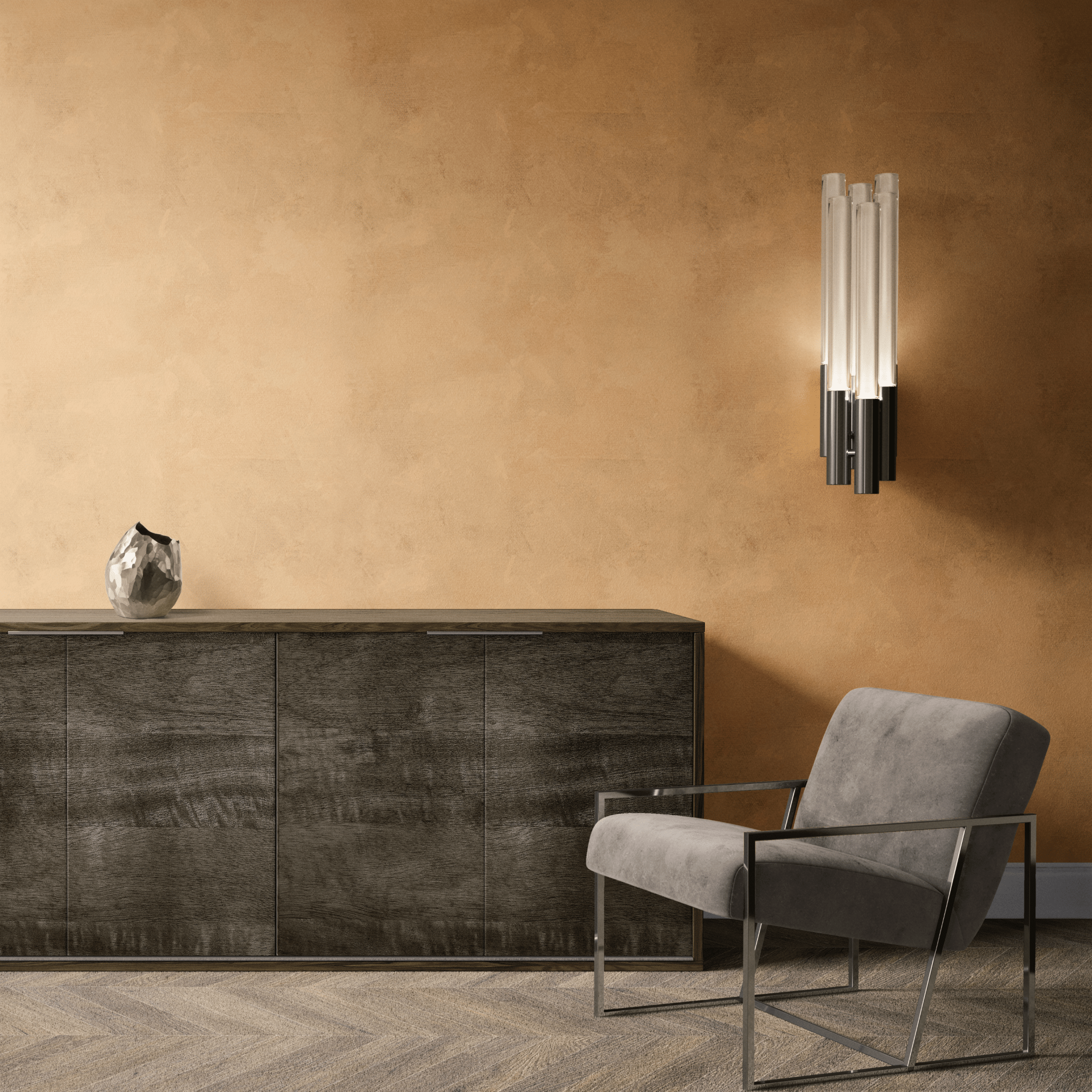 A sleek modern office space featuring Arizona limewash wallpaper, a gray armchair, and a dark wood cabinet accented with a modern wall sconce.