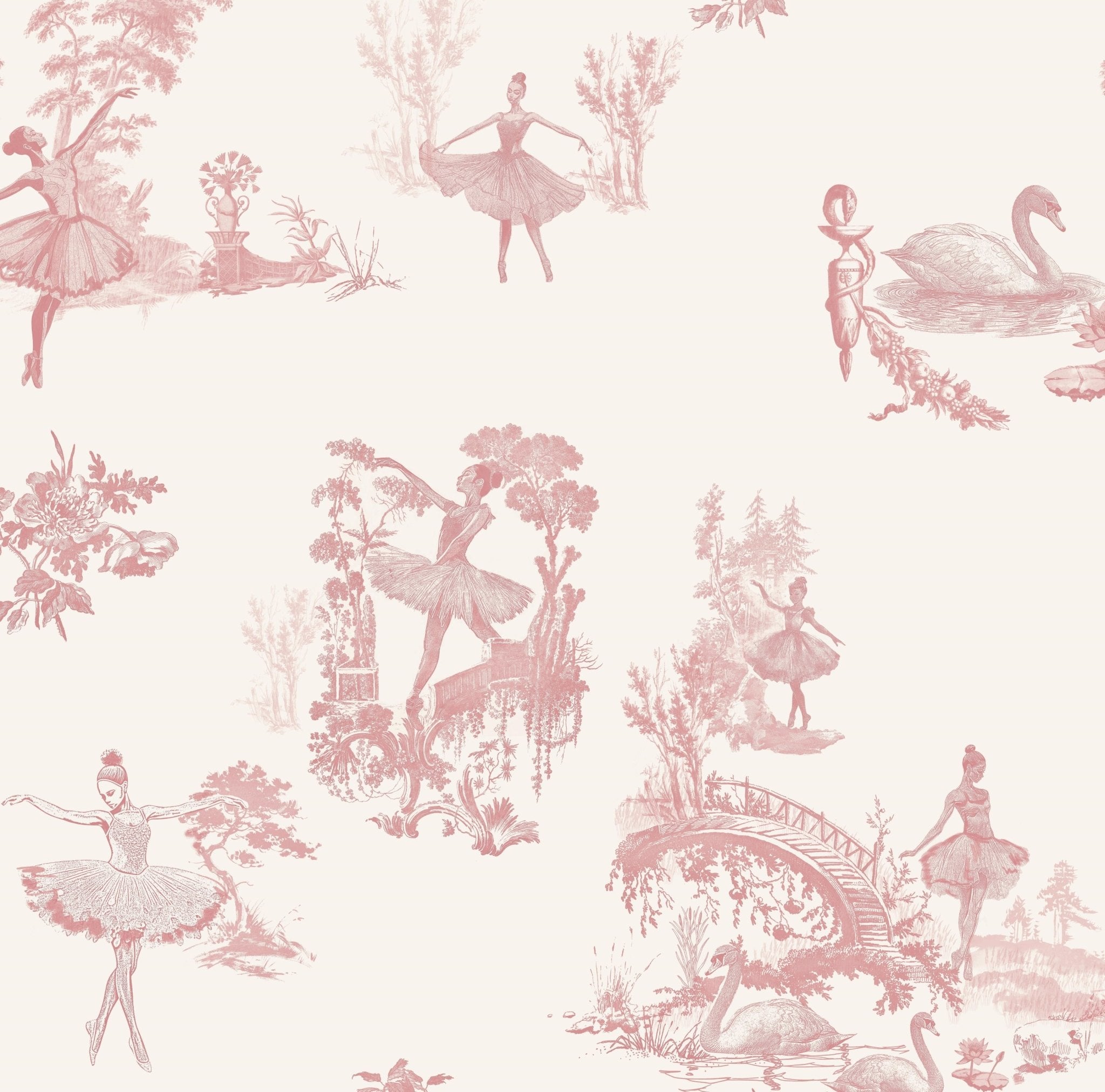 Close-up of Ballerina Toile Wallpaper design featuring ballerinas and scenic elements