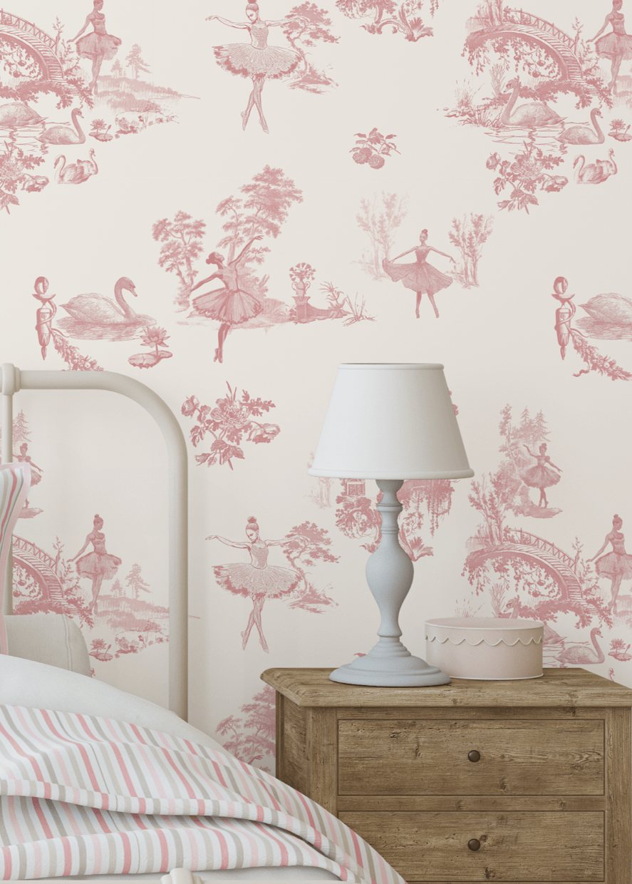 Ballerina Toile Wallpaper with Swan Lake theme in a cozy white bedroom