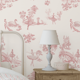 Ballerina Toile Wallpaper with Swan Lake theme in a cozy white bedroom