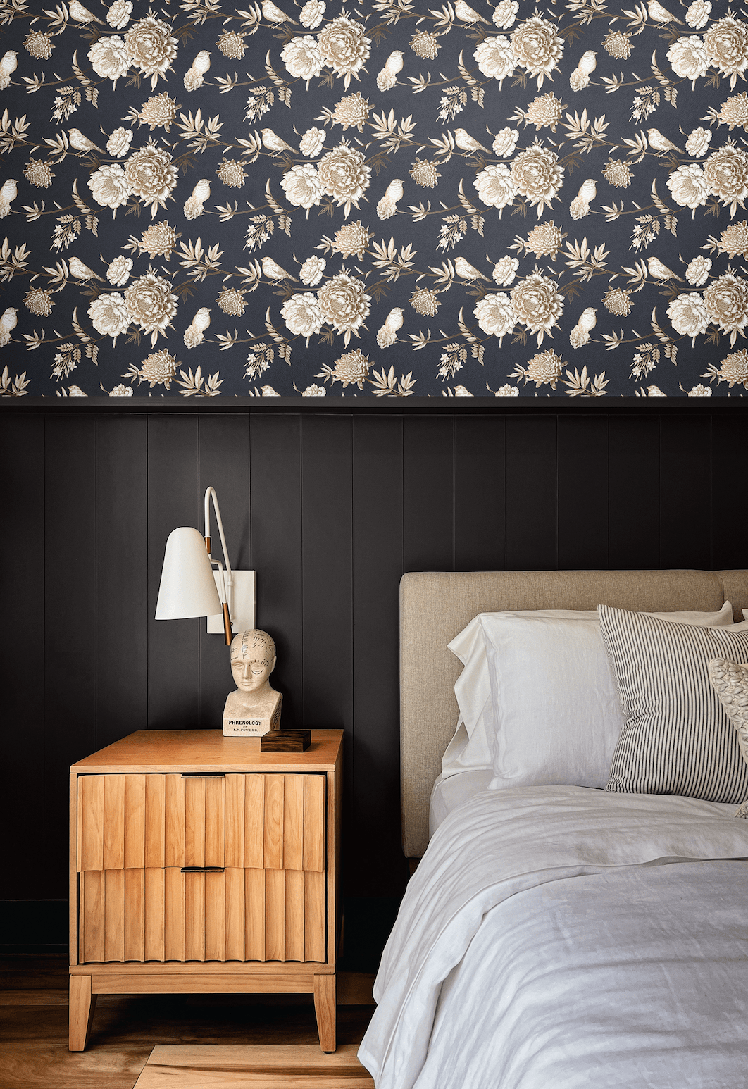 bedroom wallpaper, bird, wallpaper, bird wallpaper, peel and stick, navy blue wallpaper, flower and bird wallpaper