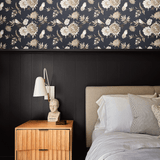 bedroom wallpaper, bird, wallpaper, bird wallpaper, peel and stick, navy blue wallpaper, flower and bird wallpaper