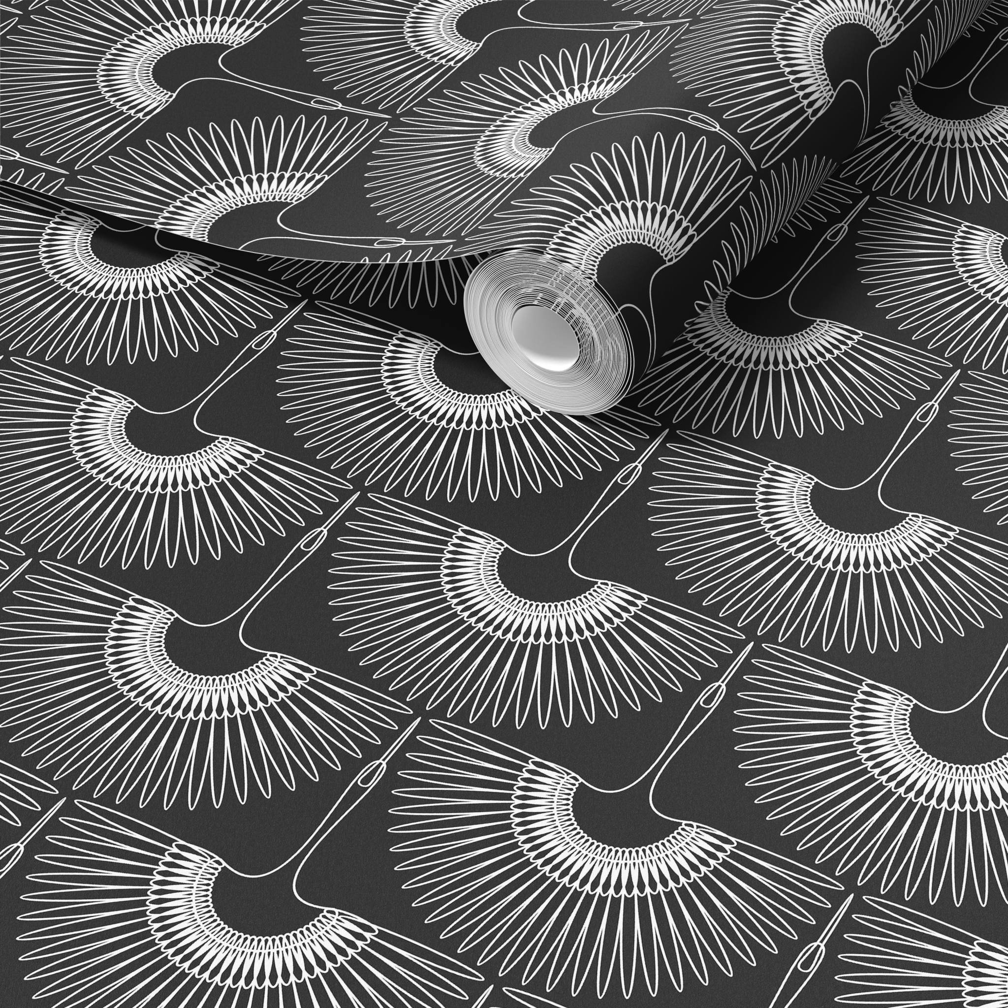 A modern room featuring black heron-patterned wallpaper, with a bold pink console table and a lamp, creating a striking contrast.