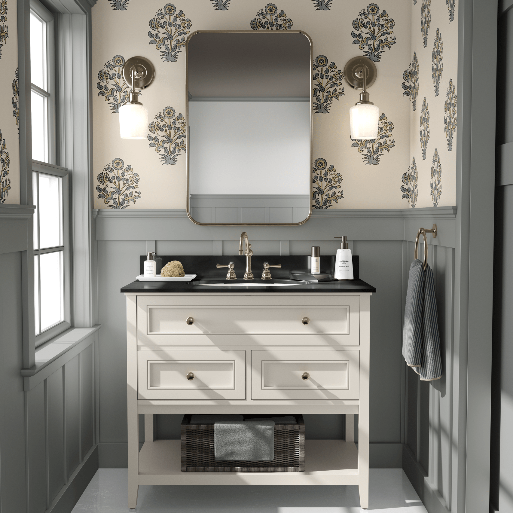 Elegant bathroom featuring block print floral wallpaper with a timeless, vintage-inspired design